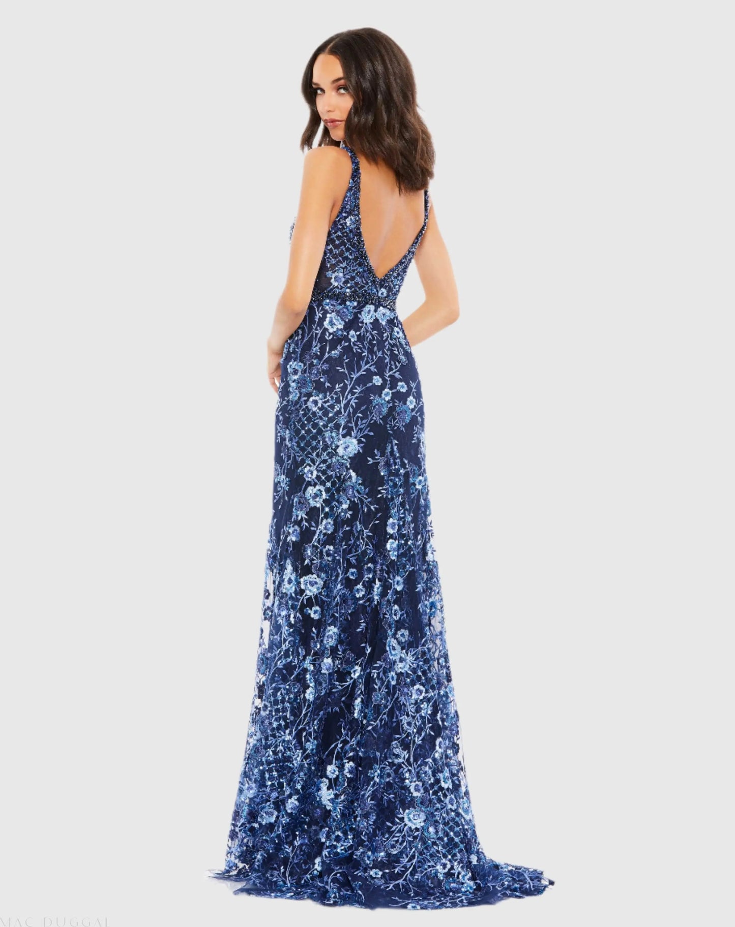 Dark Blue Floral Embellished Sleeveless Plunge Neck Gown - Mac Duggal