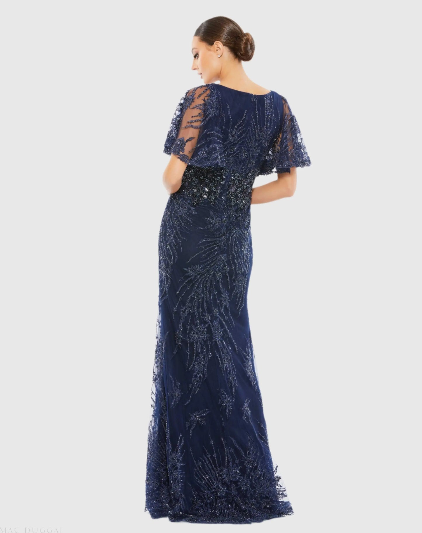 Navy Vintage Flutter Sleeve Evening Gown - Mac Duggal