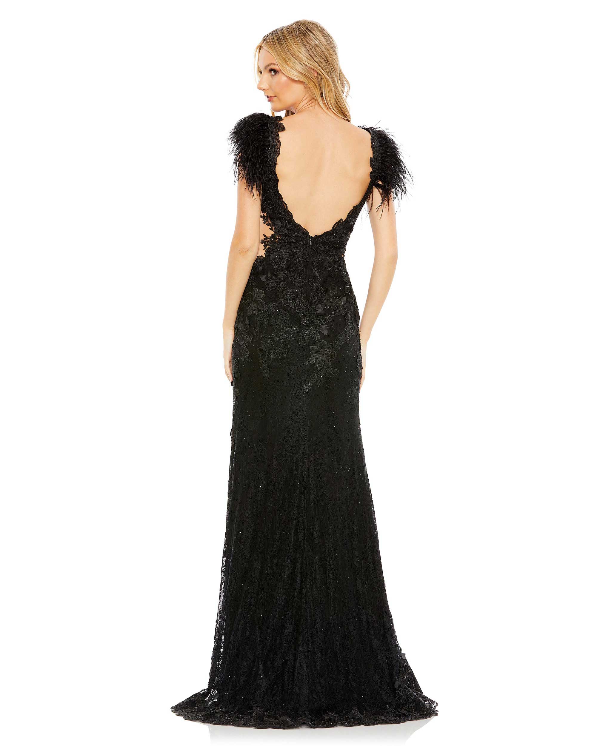 Feather Cap Sleeve Lace Gown