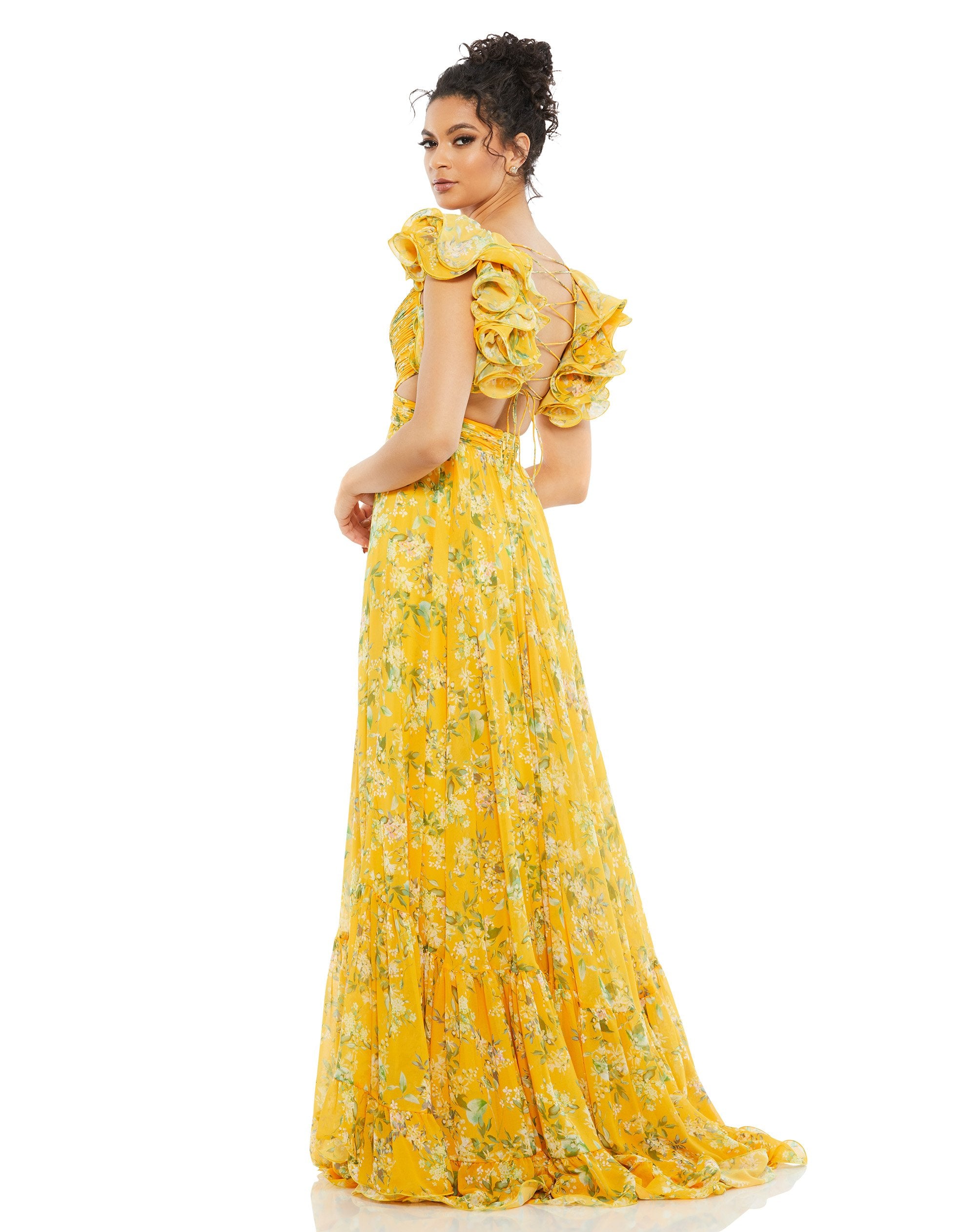 Yellow Ruffle Tiered Floral Cut-Out Chiffon Gown