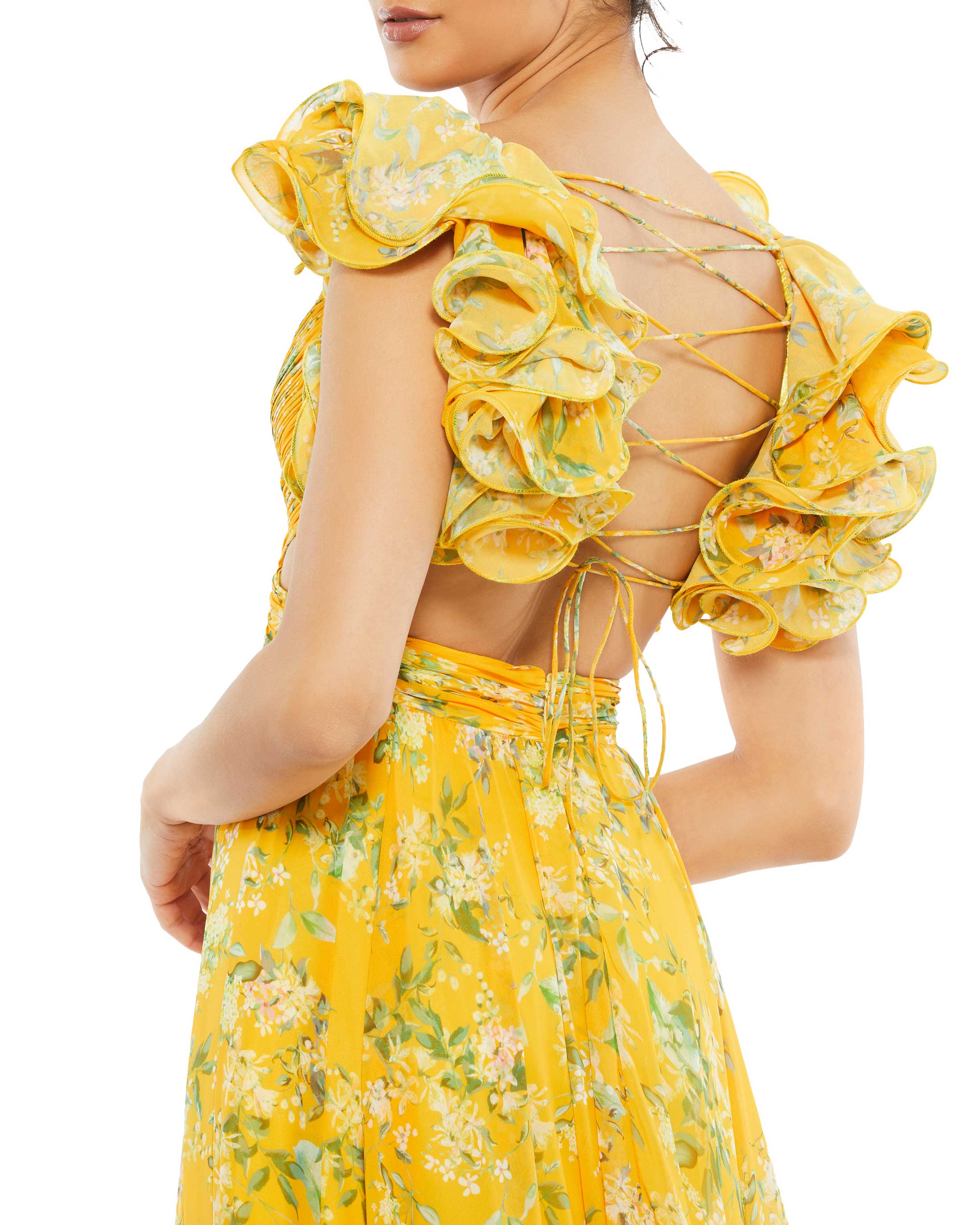 Yellow Ruffle Tiered Floral Cut-Out Chiffon Gown