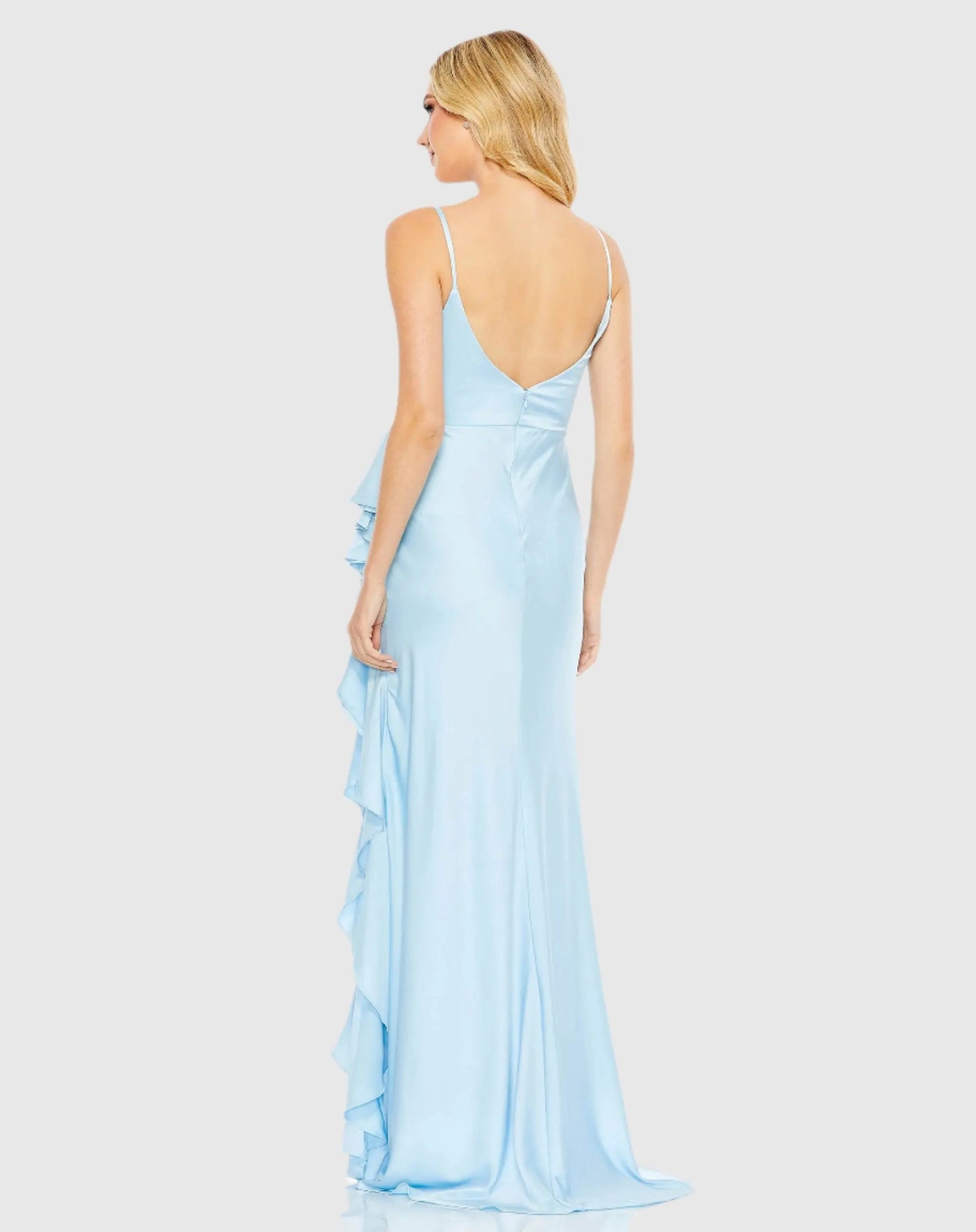 Blue V-Neck Spaghetti Strap Satin Gown - Ieena for Mac Duggal
