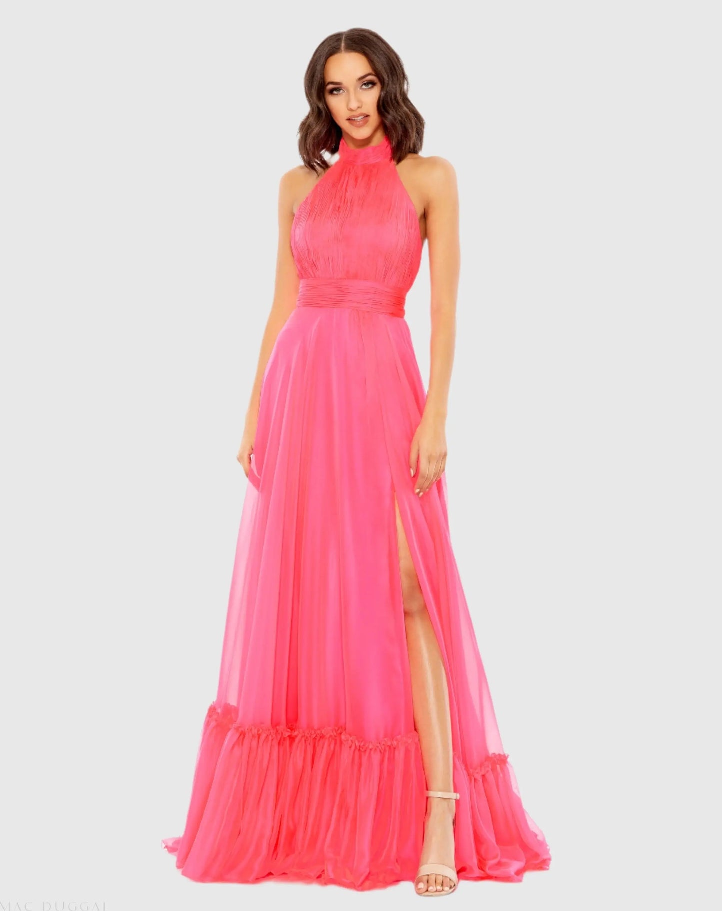 Pink High Neck Tiered Chiffon Halter Gown - Mac Duggal