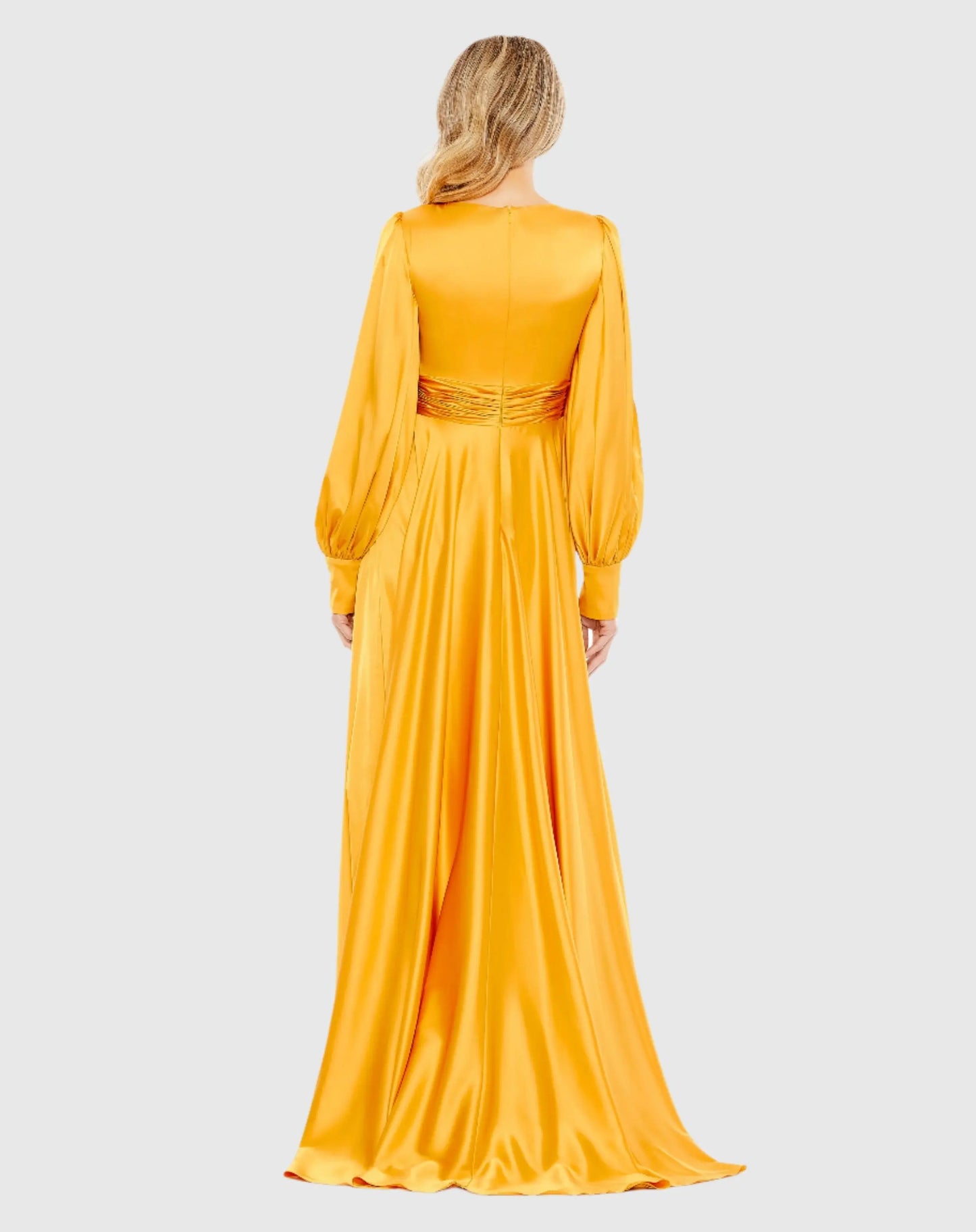 Yellow Split Bishop Sleeve Wrap Over Flowy Gown - Mac Duggal
