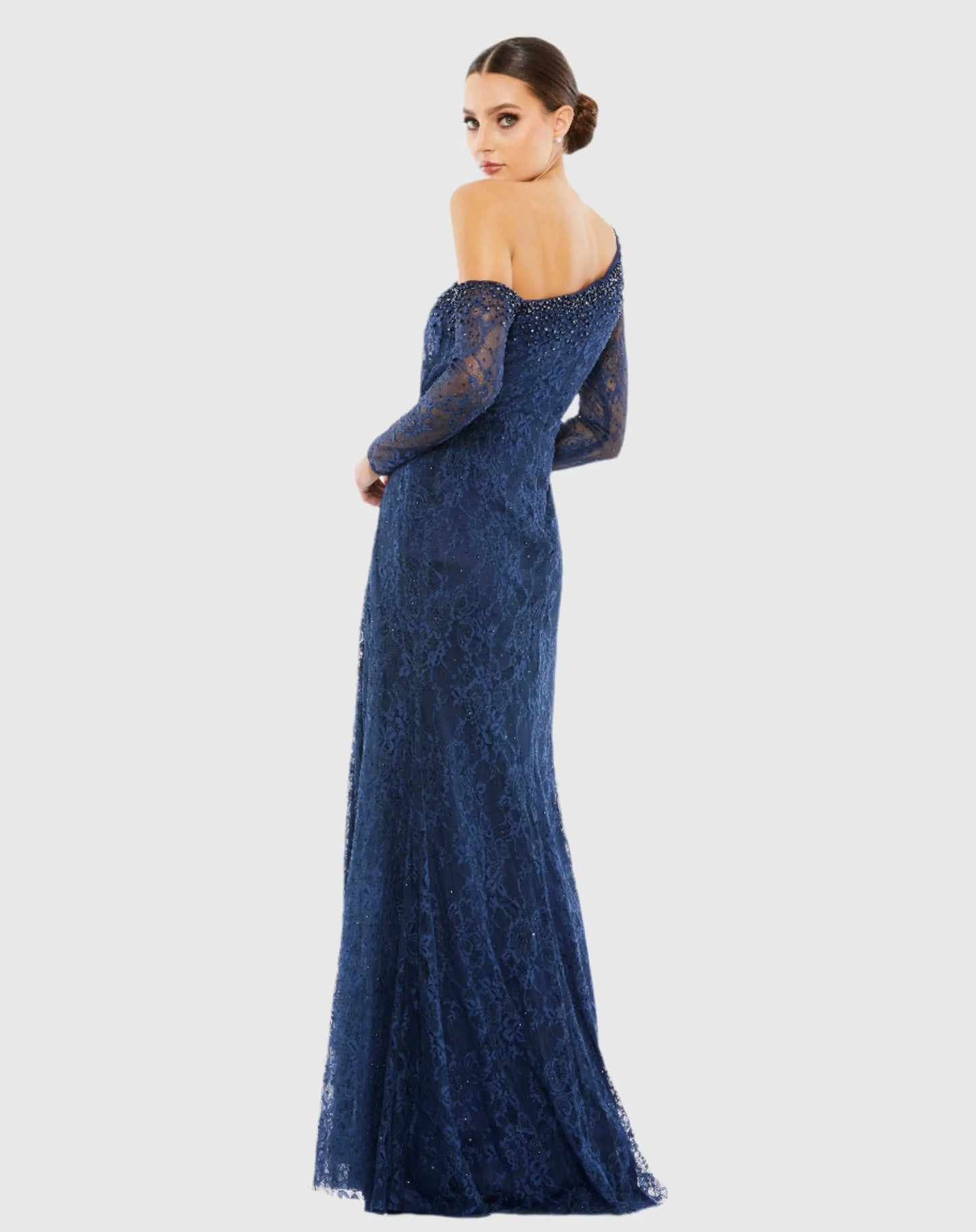 Draped Jewel Encrusted Lace Drop Shoulder Gown - Mac Duggal