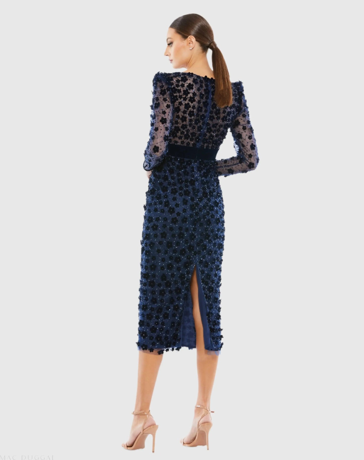 Navy Embellished V Neck Illusion Long Sleeve Column Midi - Mac Duggal