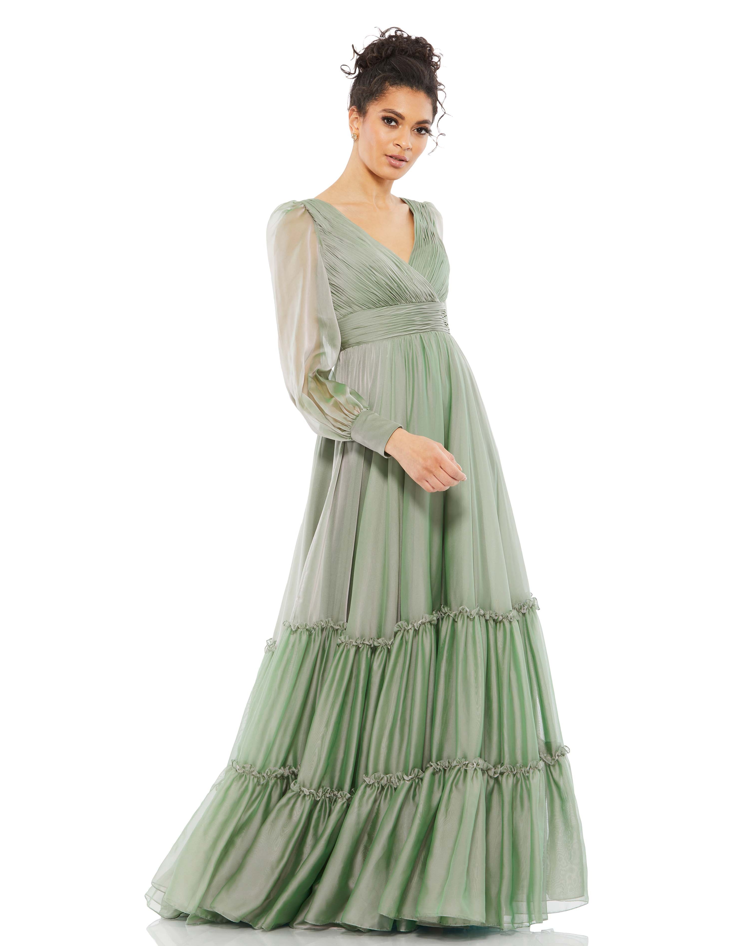 Faux Wrap Long Sleeve Tiered Gown