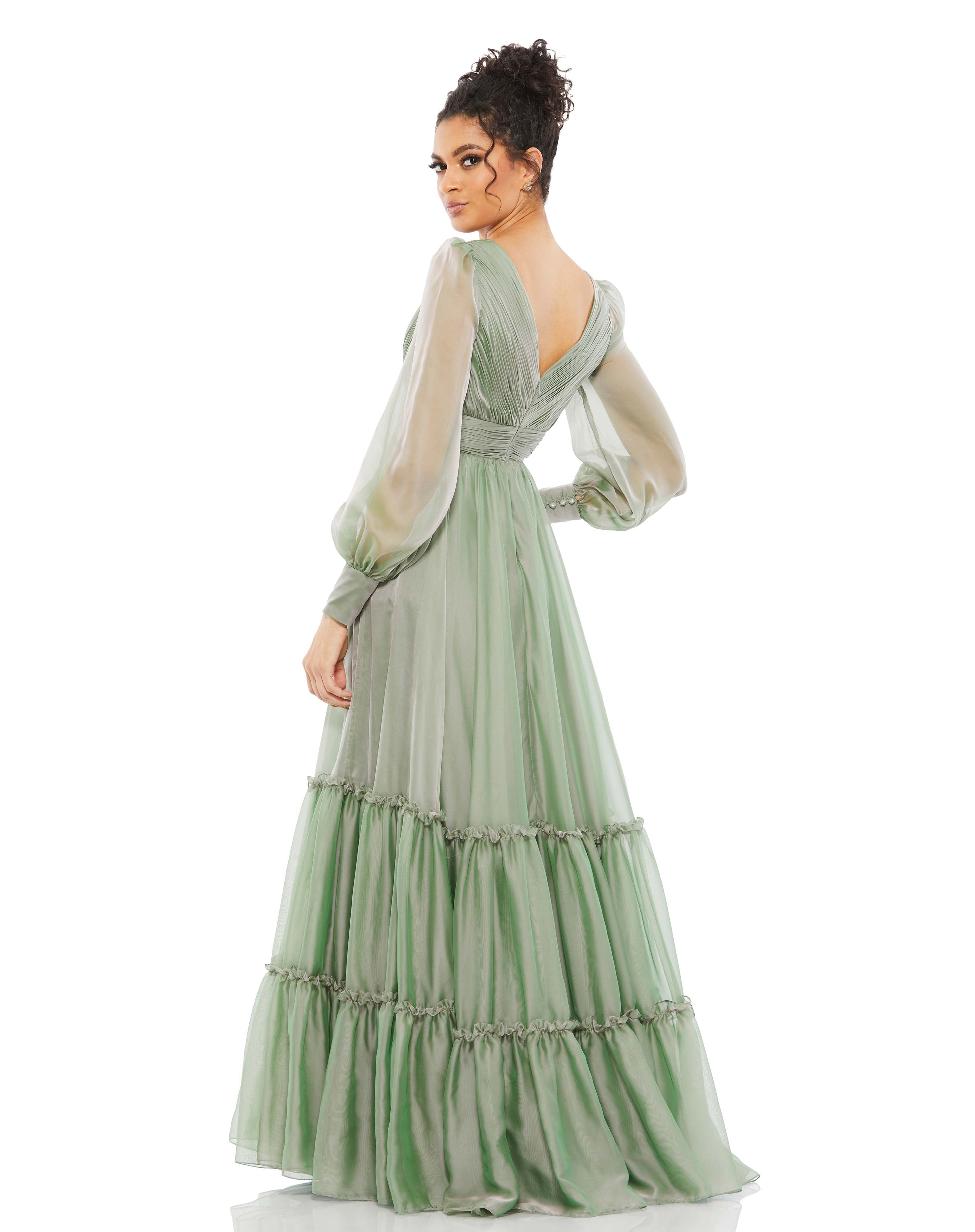 Faux Wrap Long Sleeve Tiered Gown