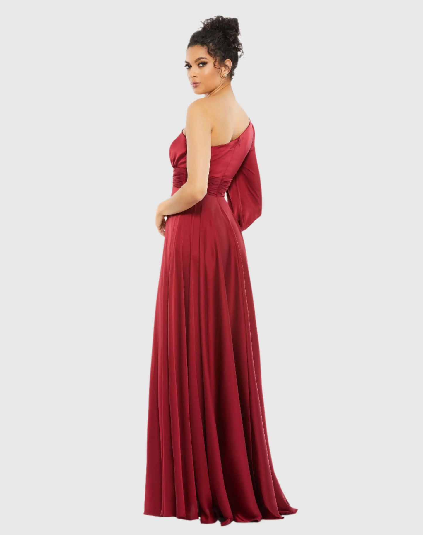 Red One Shoulder Bishop Sleeve Flowy Gown - Mac Duggal