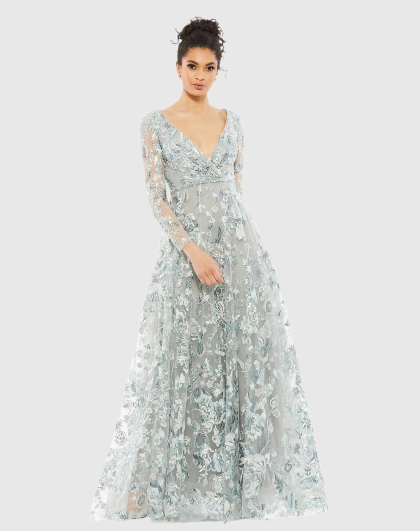 Blue Embellished V Neck Illusion Long Sleeve A Line Gown