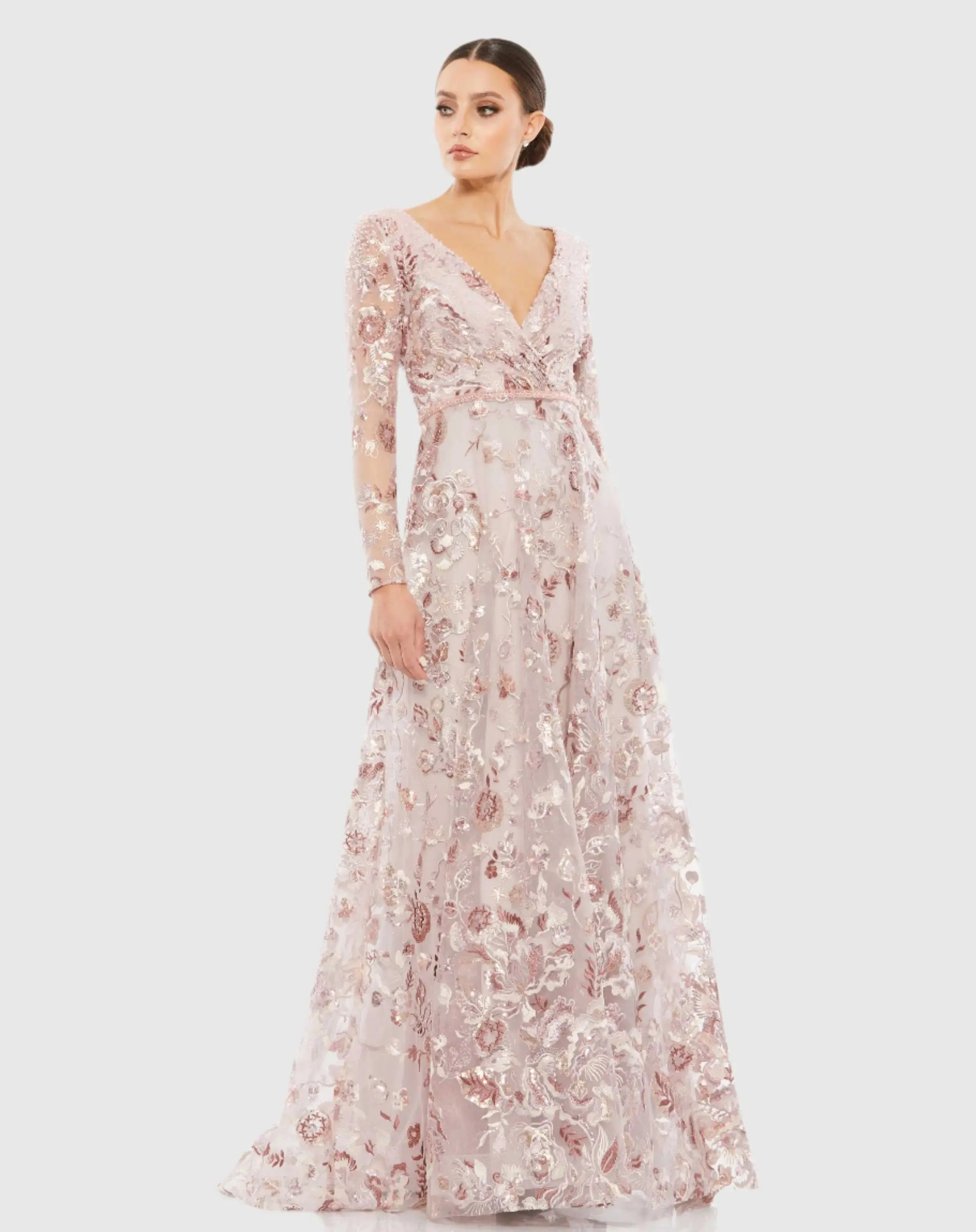 Embellished V Neck Illusion Long Sleeve A Line Gown - Mac Duggal Embellished V Neck Illusion Long Sleeve A Line Gown - Mac Duggal
