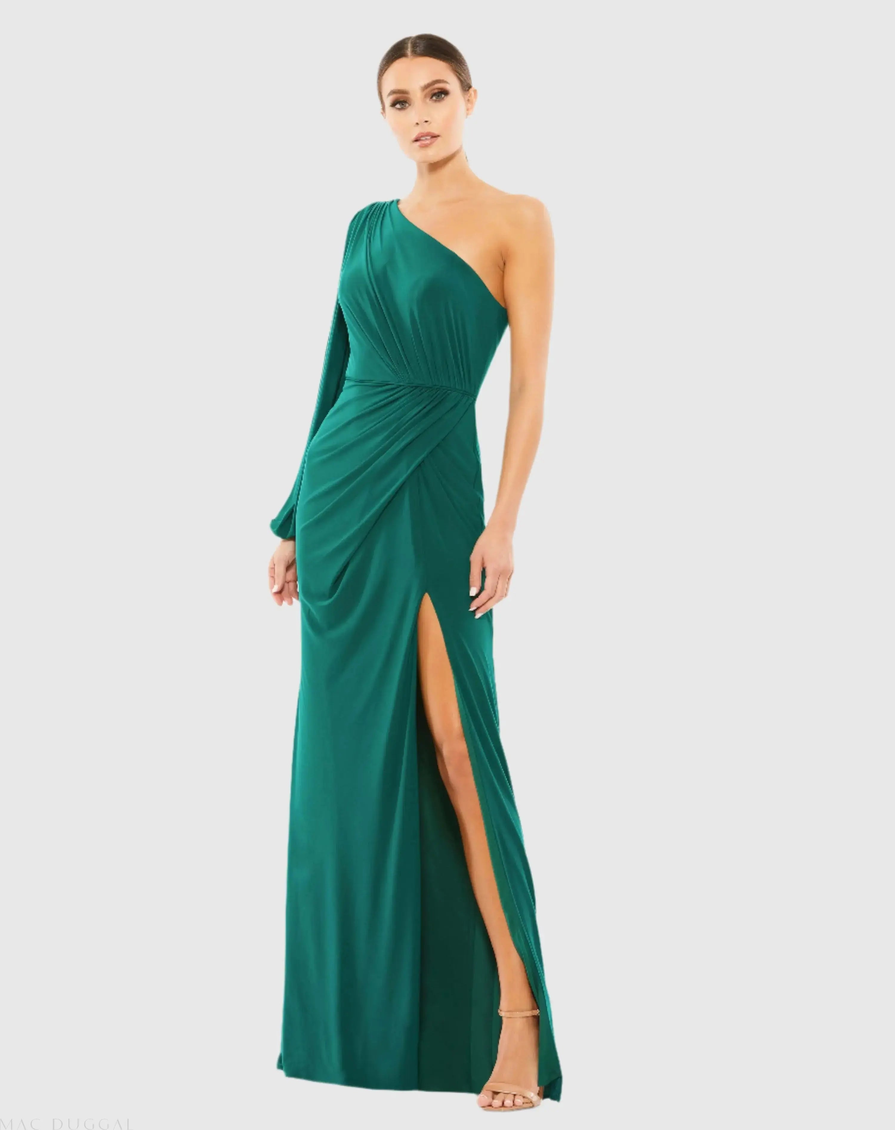 Green One Shoulder Puff Sleeve Faux Wrap Gown - Mac Duggal Green One Shoulder Puff Sleeve Faux Wrap Gown - Mac Duggal