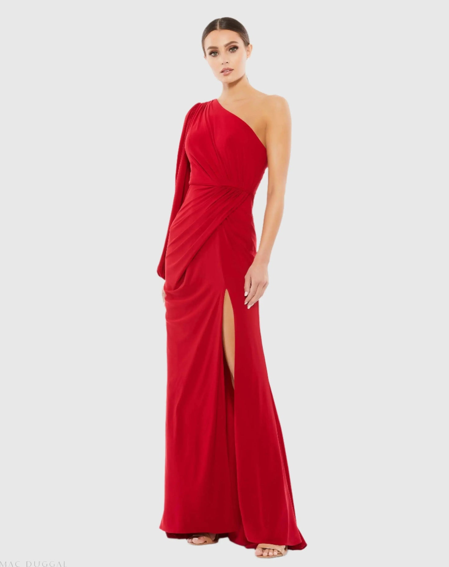 Red One Shoulder Puff Sleeve Faux Wrap Gown - Ieena for Mac Duggal