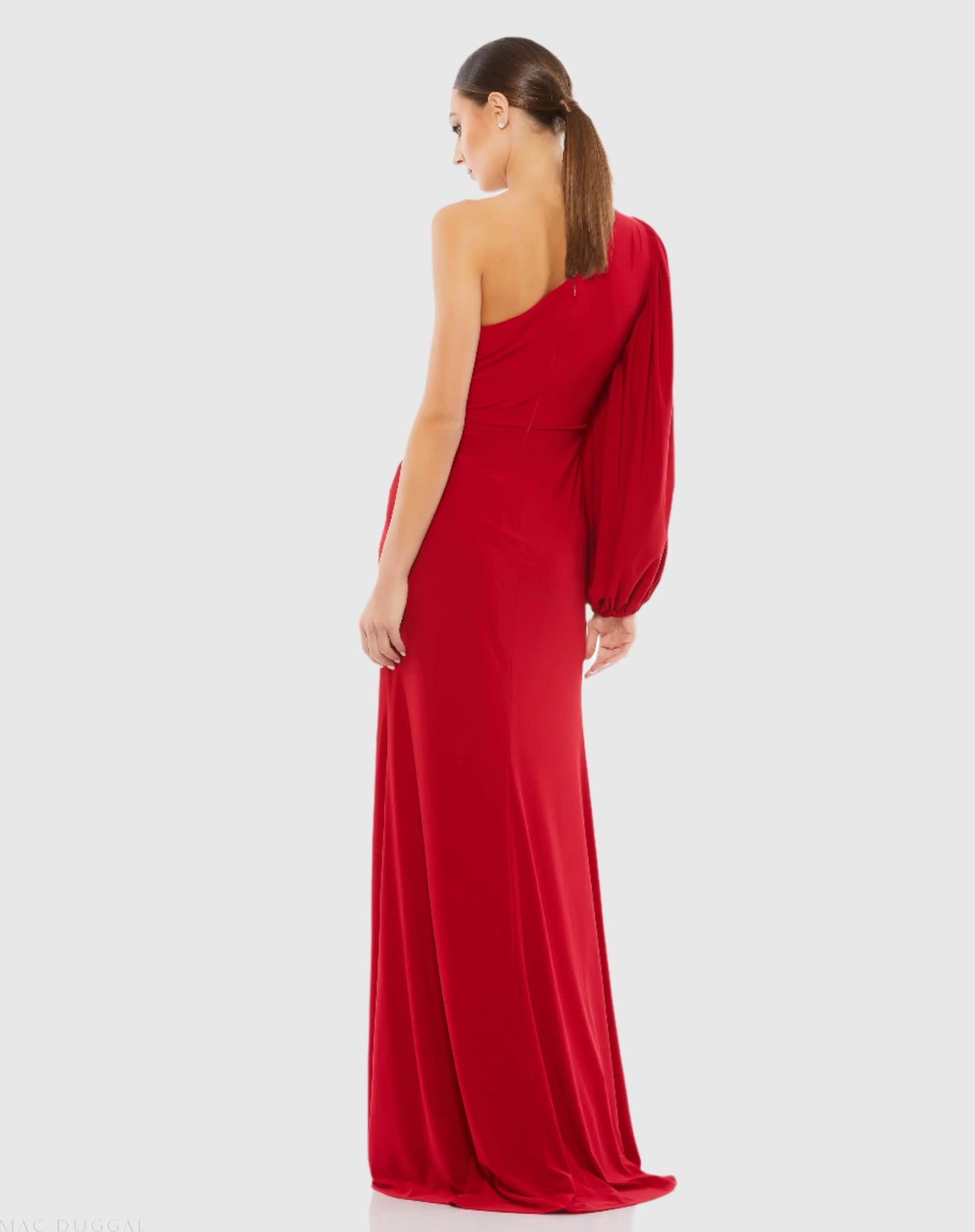 Red One Shoulder Puff Sleeve Faux Wrap Gown - Ieena for Mac Duggal