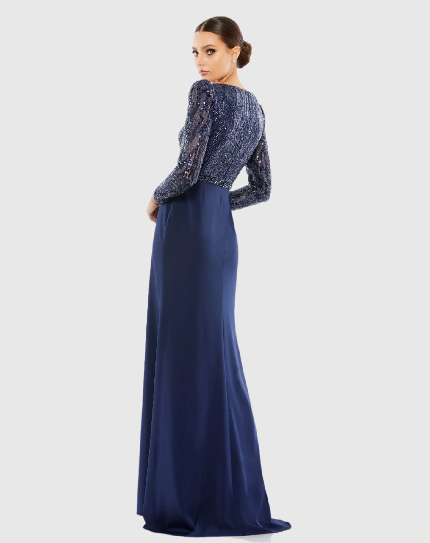 Navy Embellished Long Sleeve Bodice Column Gown - Mac Duggal