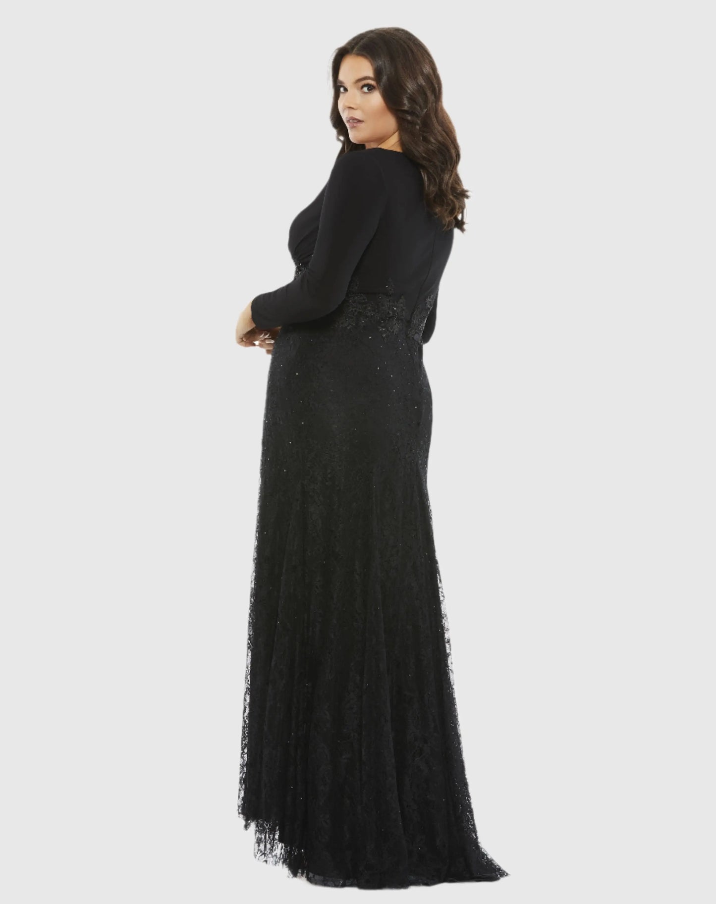 Wrap-Over Long Sleeve Lace Applique Trumpet Gown (Plus) - Mac Duggal