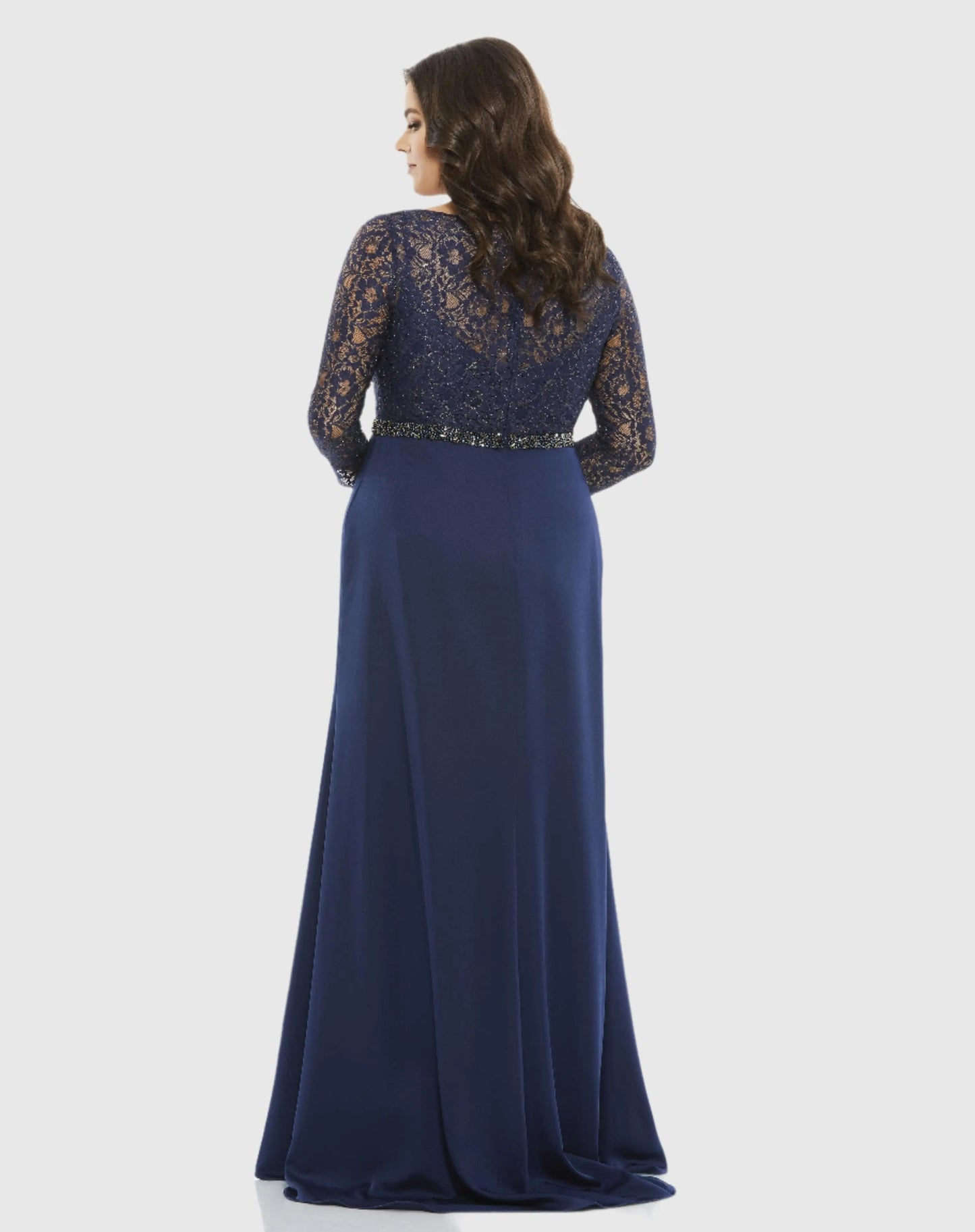 Lace Illusion Long Sleeve V-Neck Draped Gown (Plus) - Mac Duggal