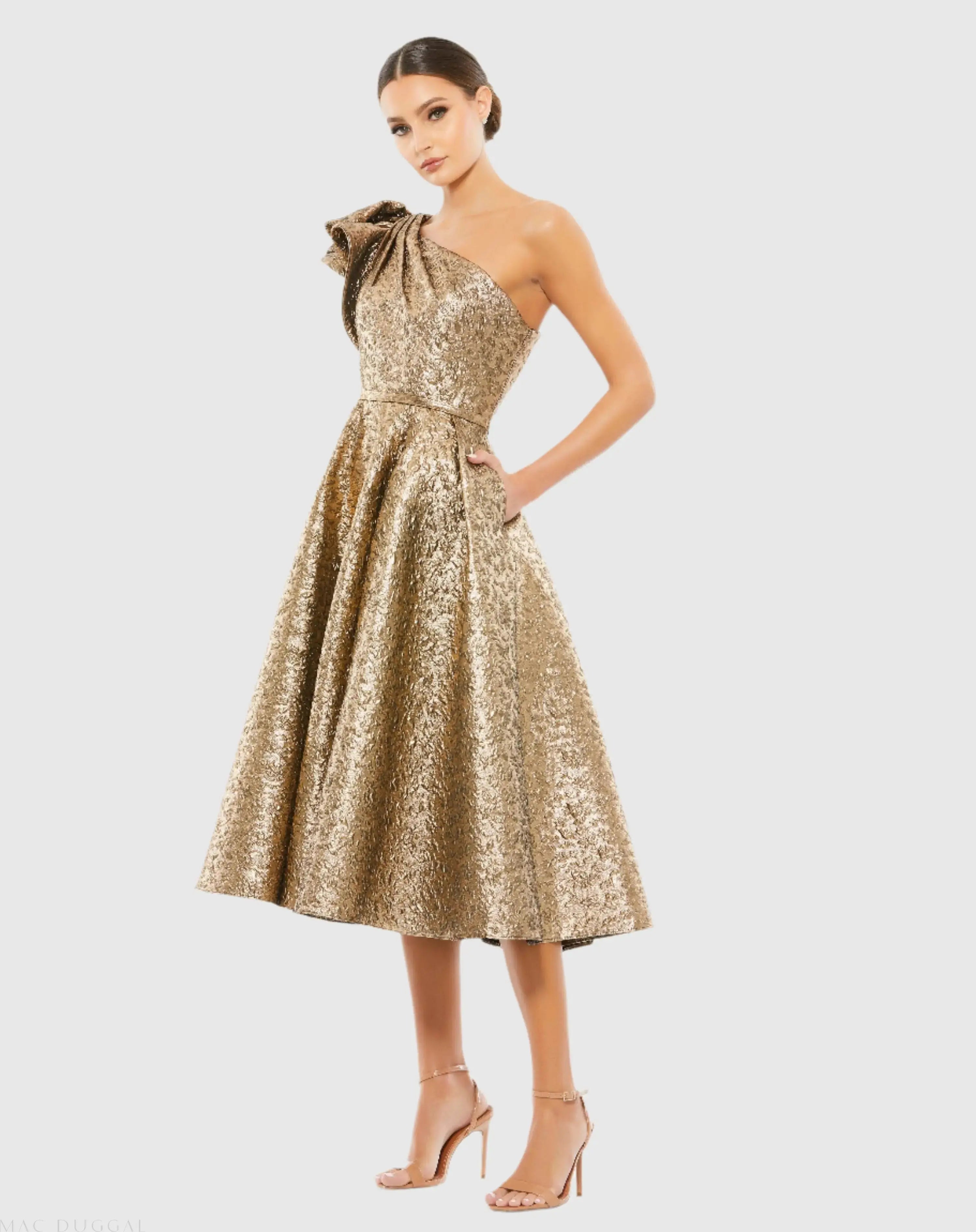 Gold One Shoulder Bow Midi Dress With Pockets | Mac Duggal