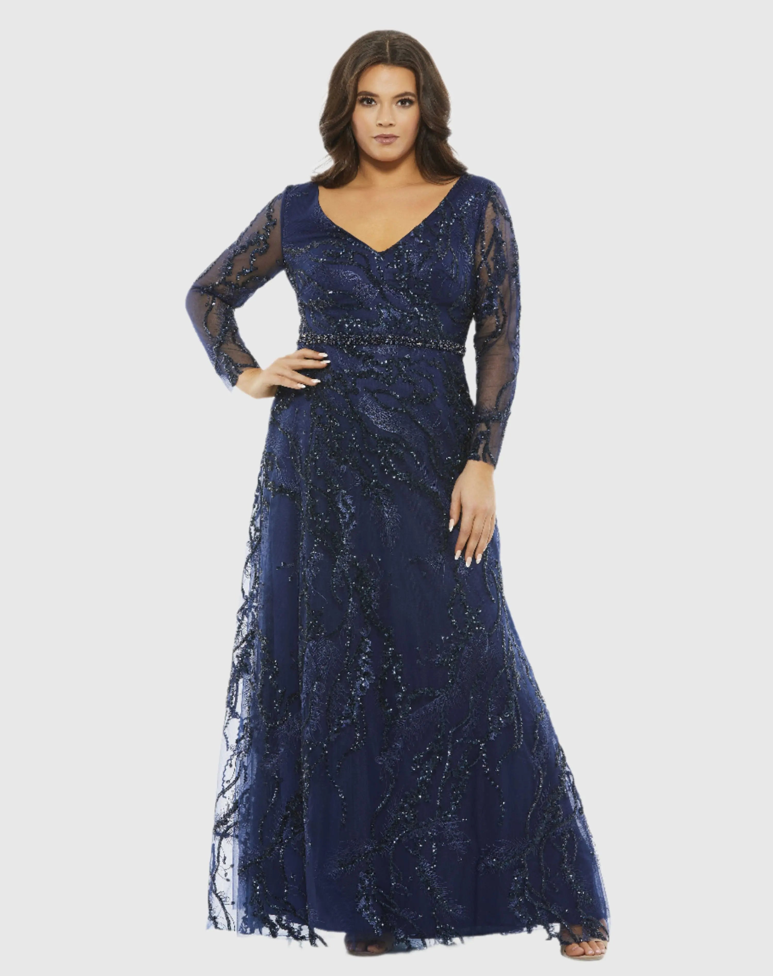 Mac Duggal Embellished Illusion Long Sleeve V-Neck A-Line Gown