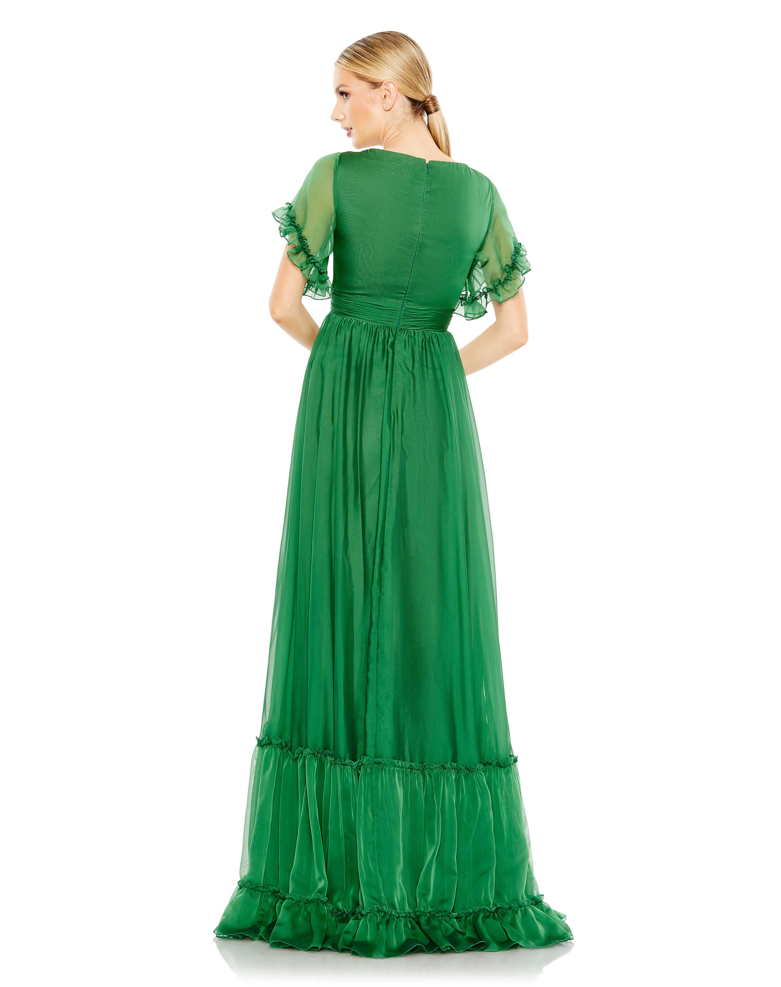 Butterfly Ruffle Trimmed Sleeve Wrap Over Flowy Gown