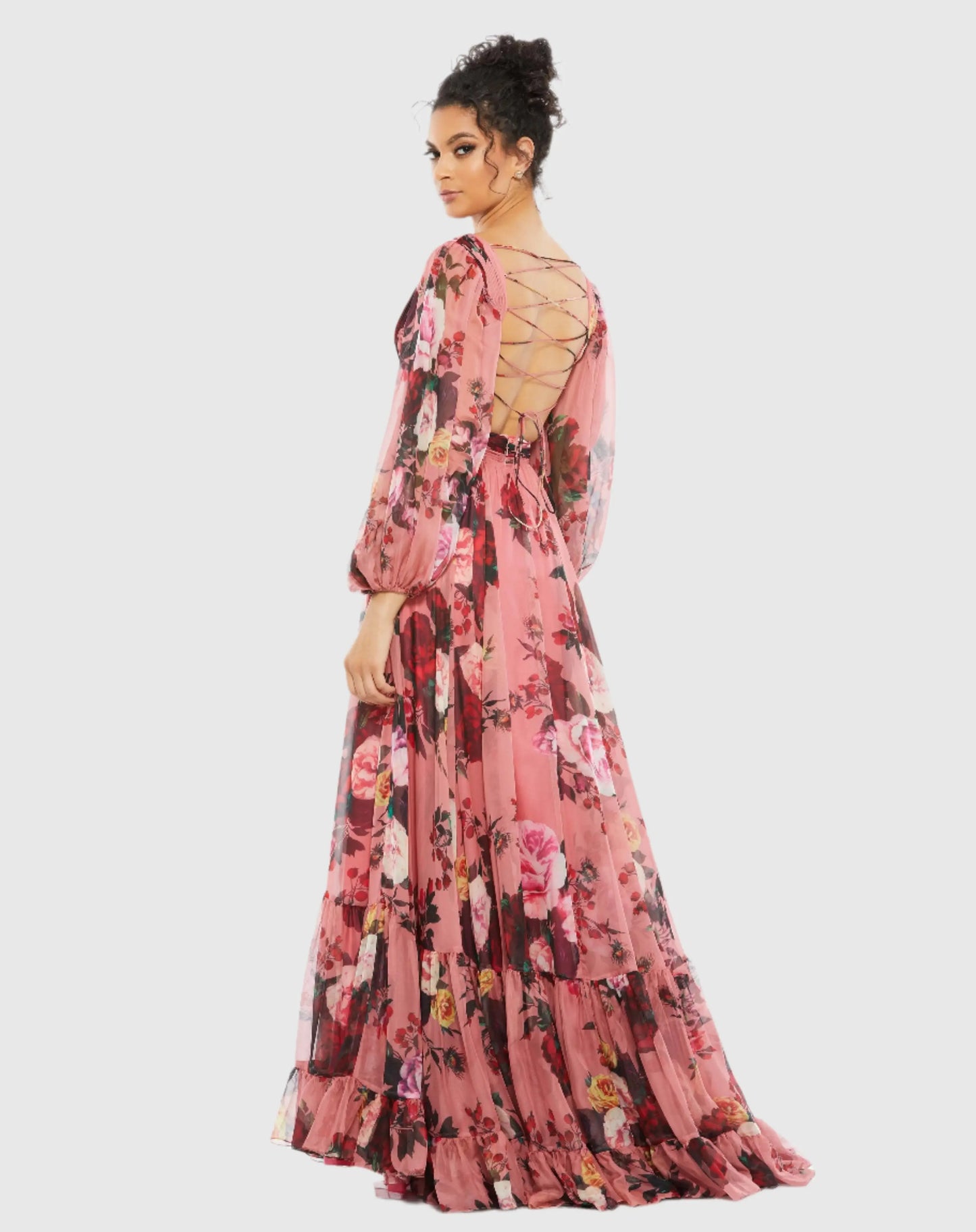 Floral Cutout Open Back Blouson Sleeve Dress - Mac Duggal