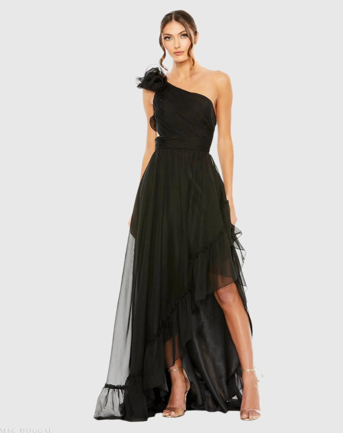 Black Ruffled One Shoulder Asymmetrical Gown - Mac Duggal