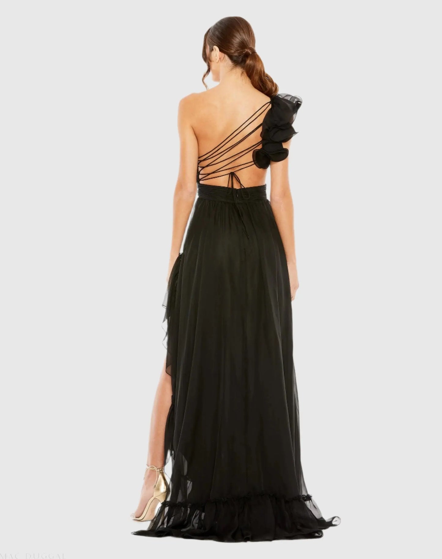 Black Ruffled One Shoulder Asymmetrical Gown - Mac Duggal