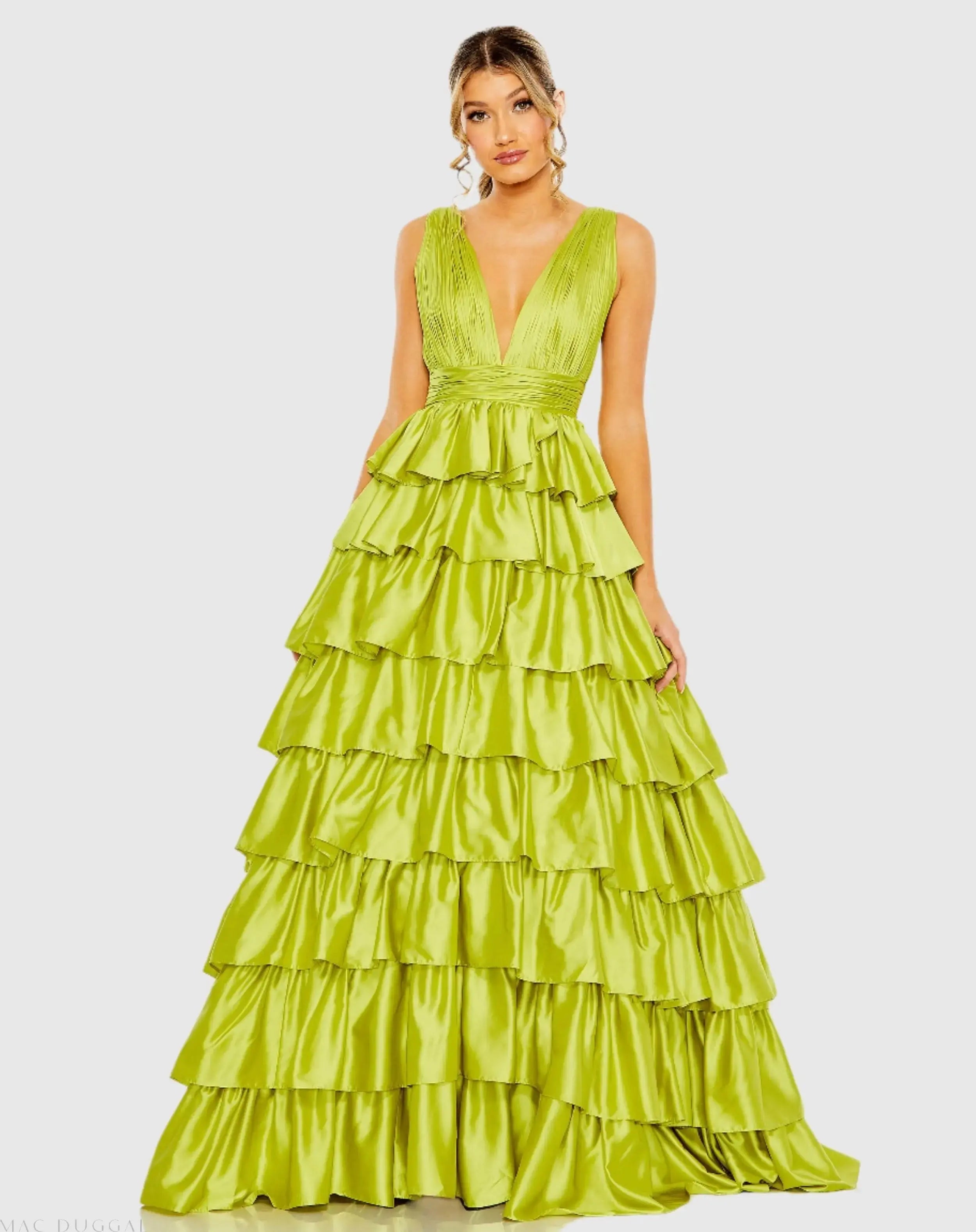 mac duggal sleeveless tiered maxi dress Ruffle Tiered Pleated Sleeveless V Neck Gown