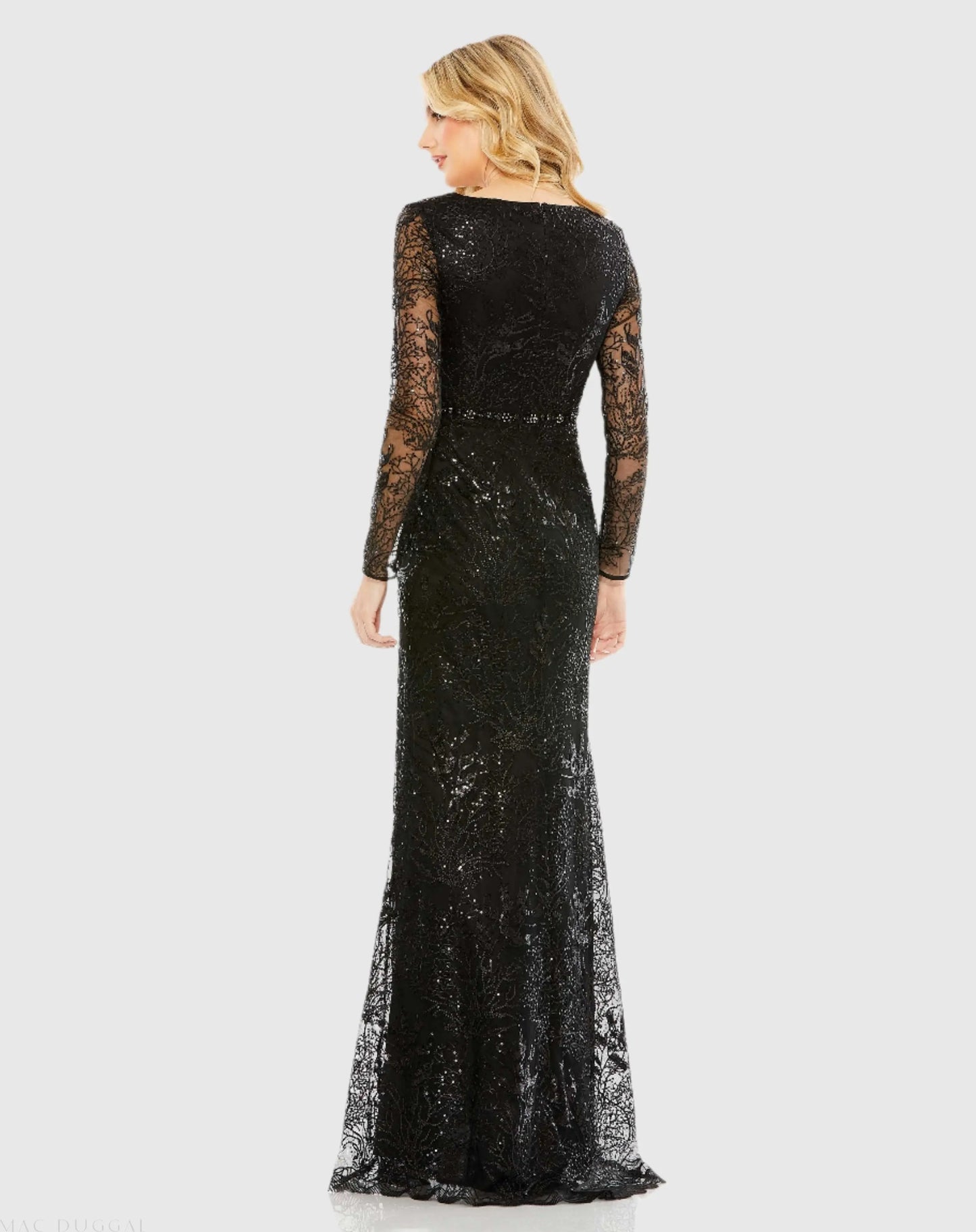 Black Embellished Wrap Over Long Sleeve Gown - Mac Duggal