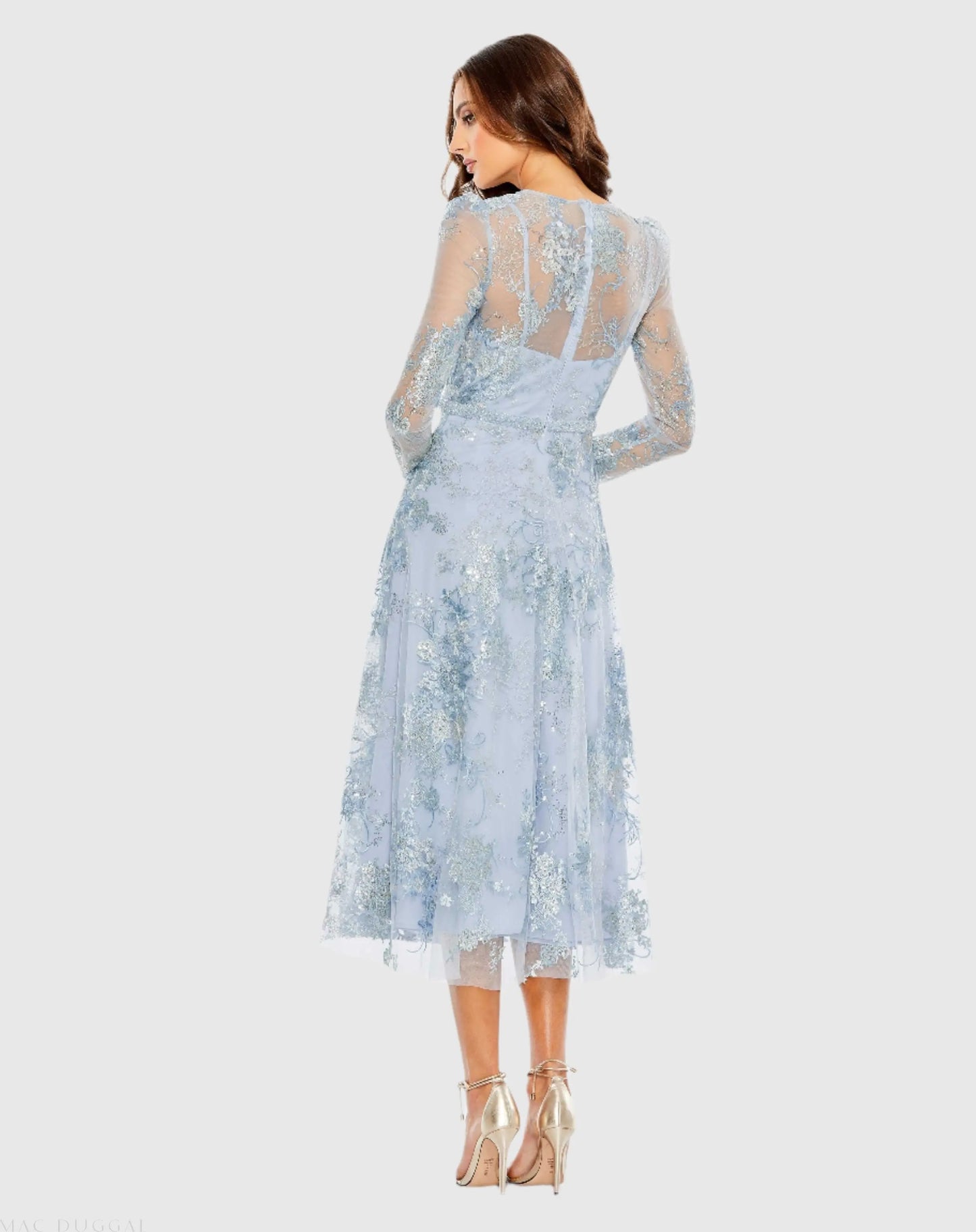 Blue Embellished Illusion Long Sleeve Midi Dress - Mac Duggal