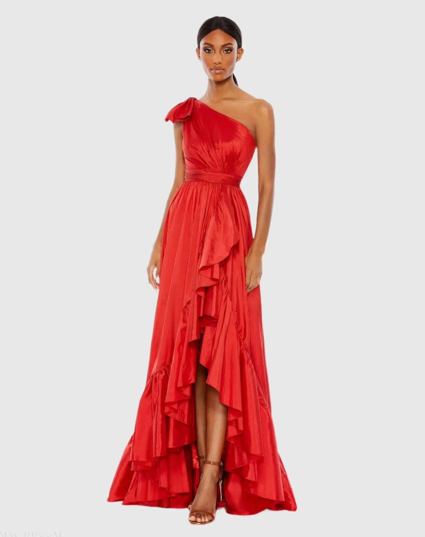 Red Bow One Shoulder Ruffle Asymmetrical Hem Gown - Mac Duggal
