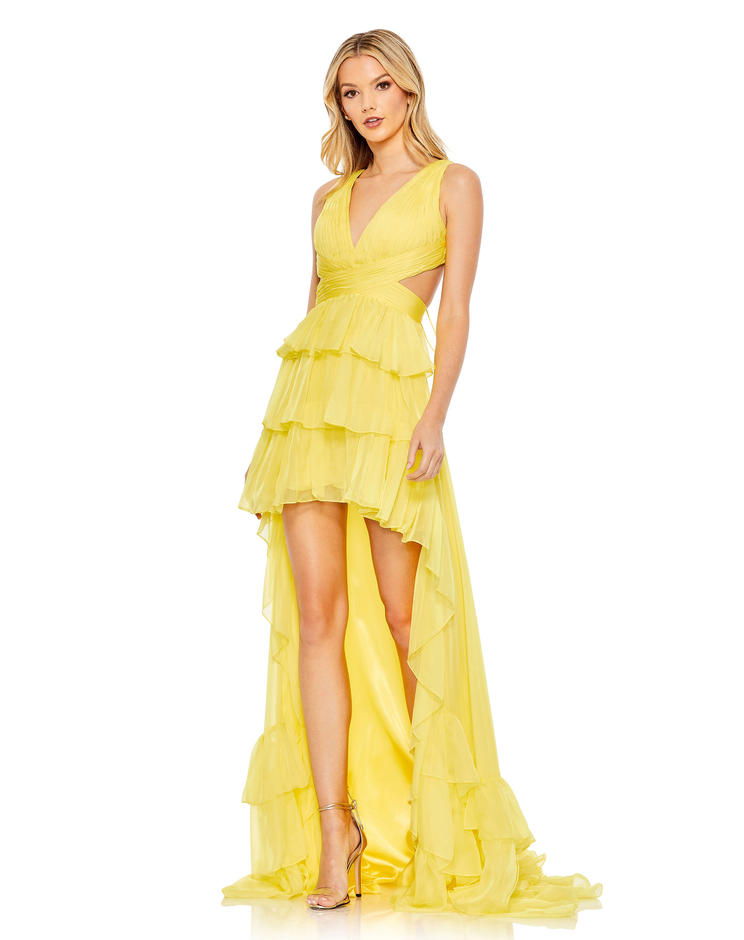 Mac Duggal Satin Ruffle Asymmetrical Neck Sleeveless Side Cut-Out High-Low  Gown | Dillard's