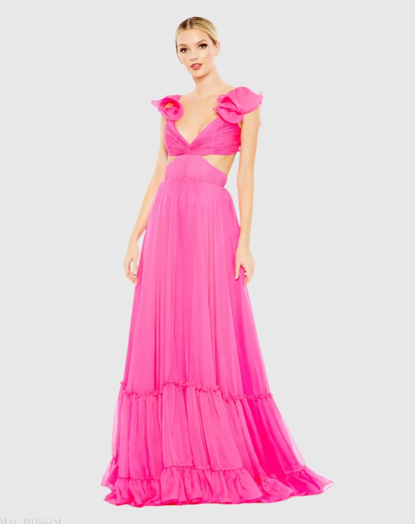 Pink Ruched Ruffled Shoulder Cut Out Lace Up Gown - Mac Duggal