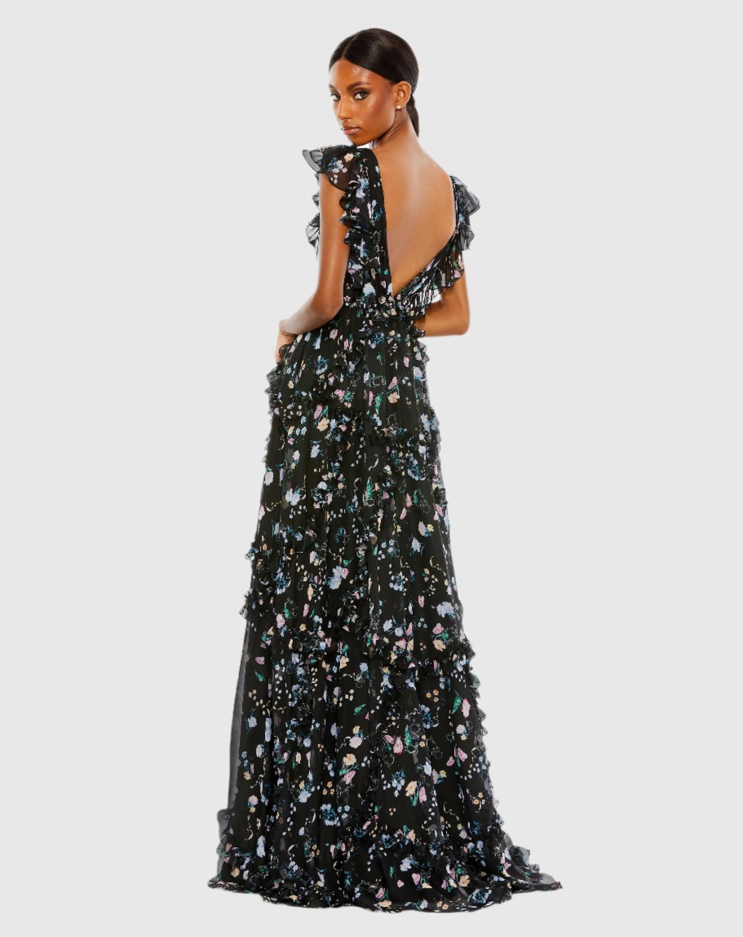 Black Multicolor Ruffled Floral Print Cap Sleeve Gown - Mac Duggal
