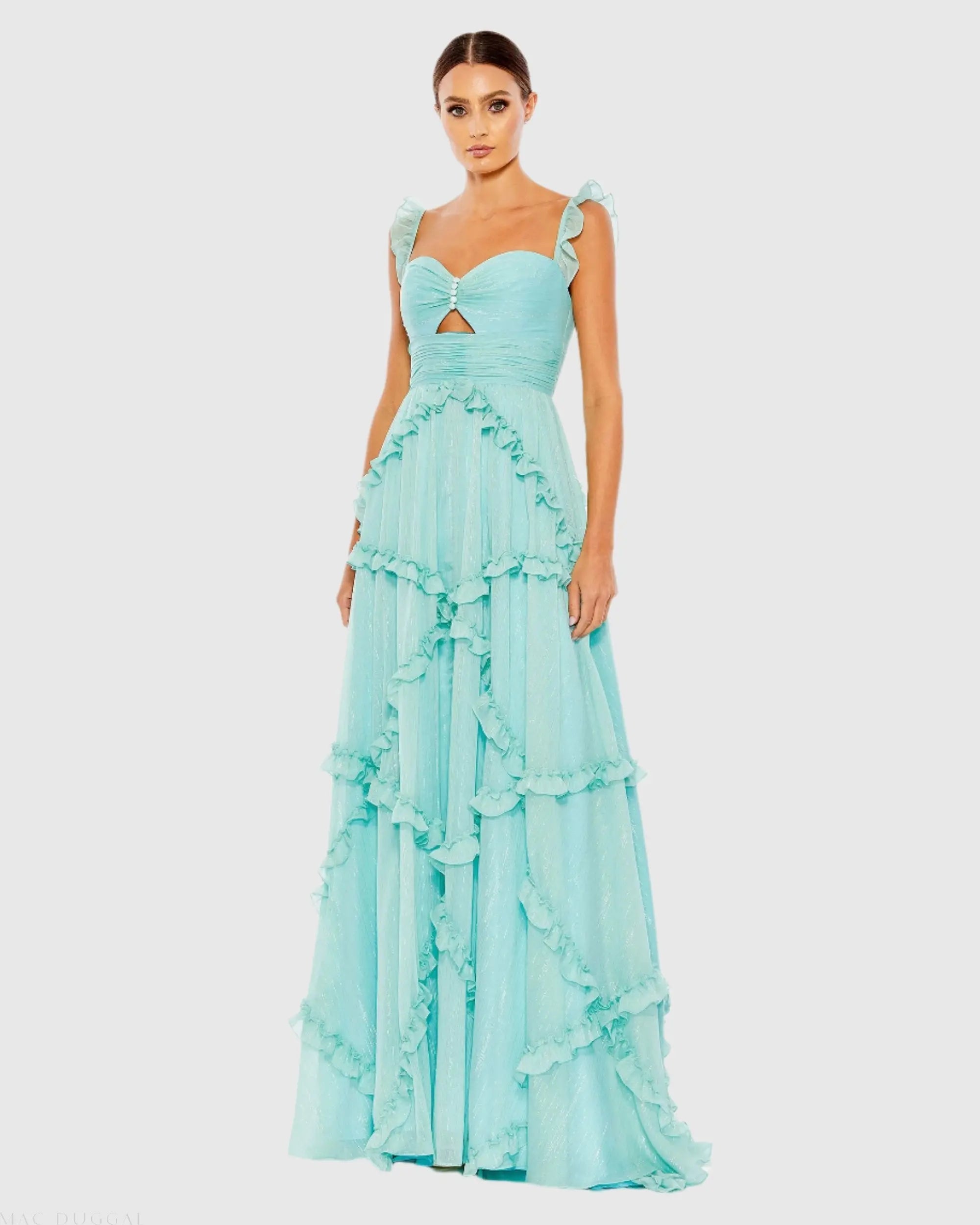 Blue Ruffle Tiered Sleeveless Flowy A Line Gown - Mac Duggal Blue Ruffle Tiered Sleeveless Flowy A Line Gown - Mac Duggal