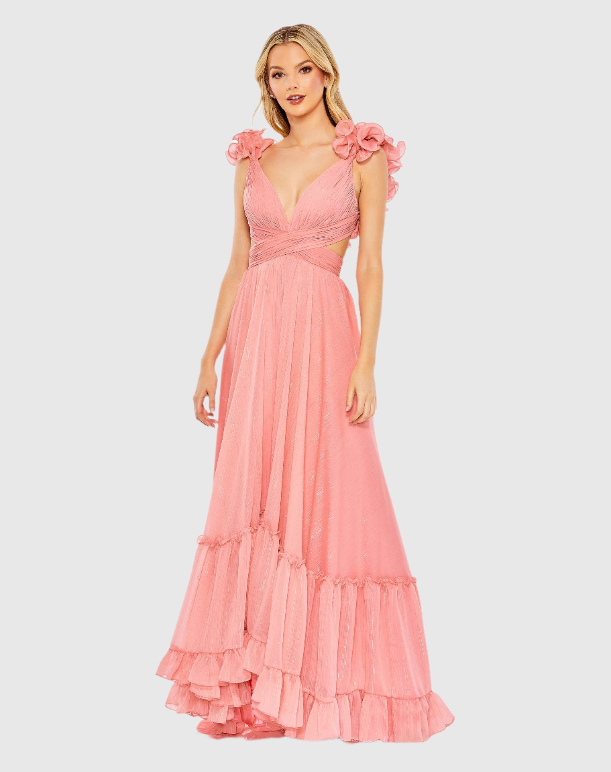 Pink Ruffle Sleeve V Neck A Line Gown - Mac Duggal
