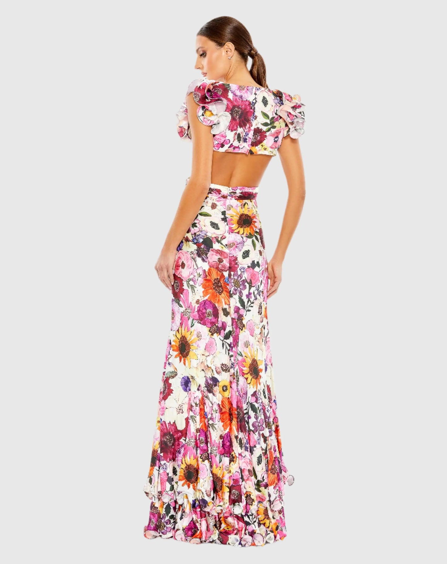 Floral Print Ruffle Shoulder Cut Out Gown - Mac Duggal