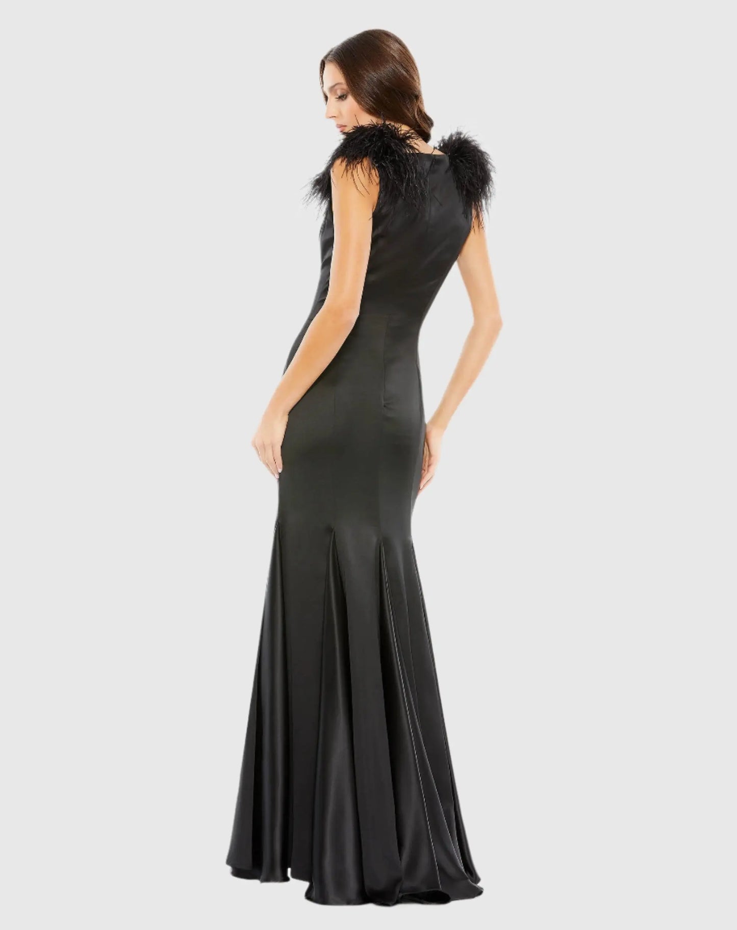 Black Feather Shoulder V-Neck Column Gown - Mac Duggal
