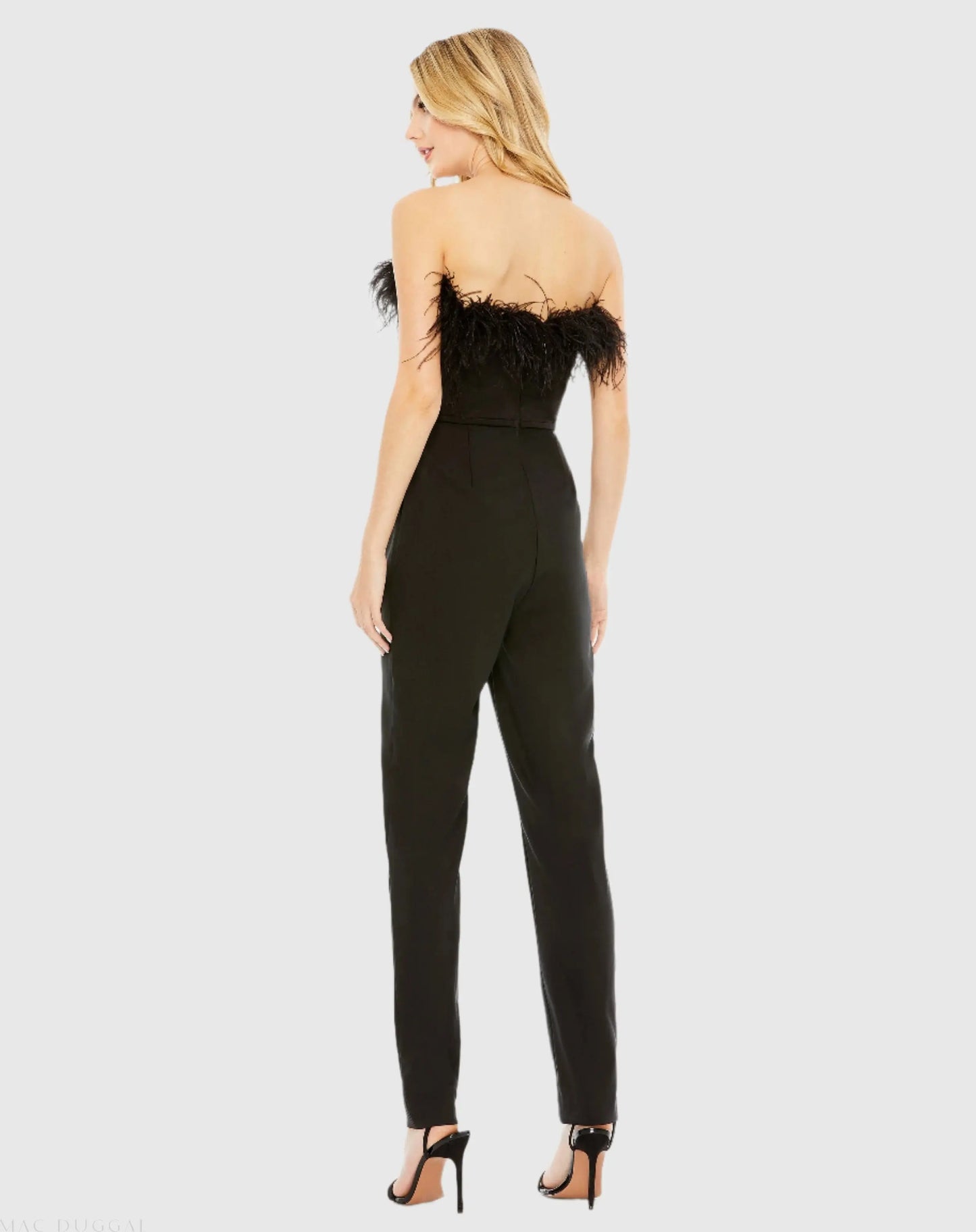 Black Strapless Jumpsuit with Feather Trim - FINAL SALE - Mac Duggal