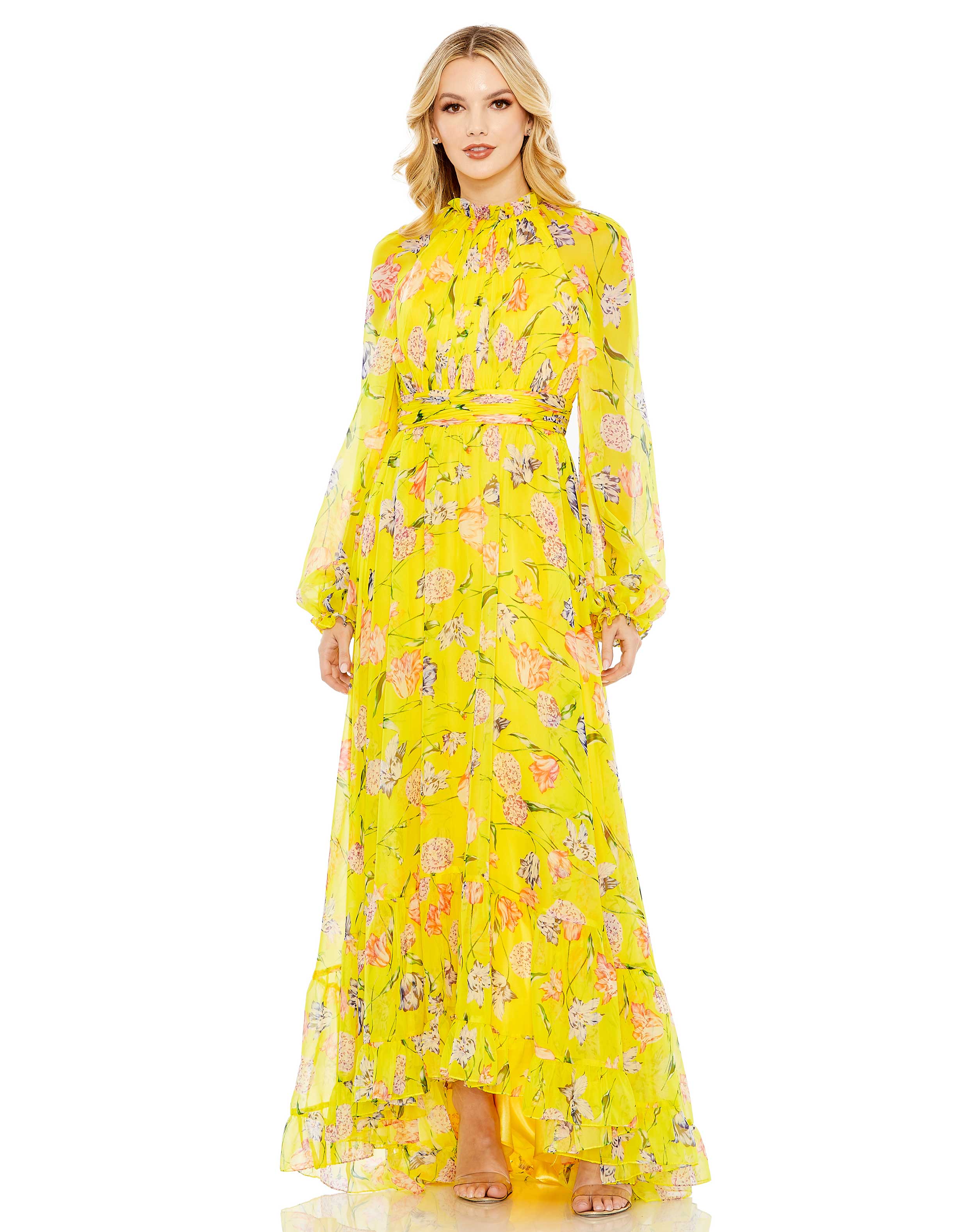 Floral Print Chiffon Ruched Raglan Sleeve Gown