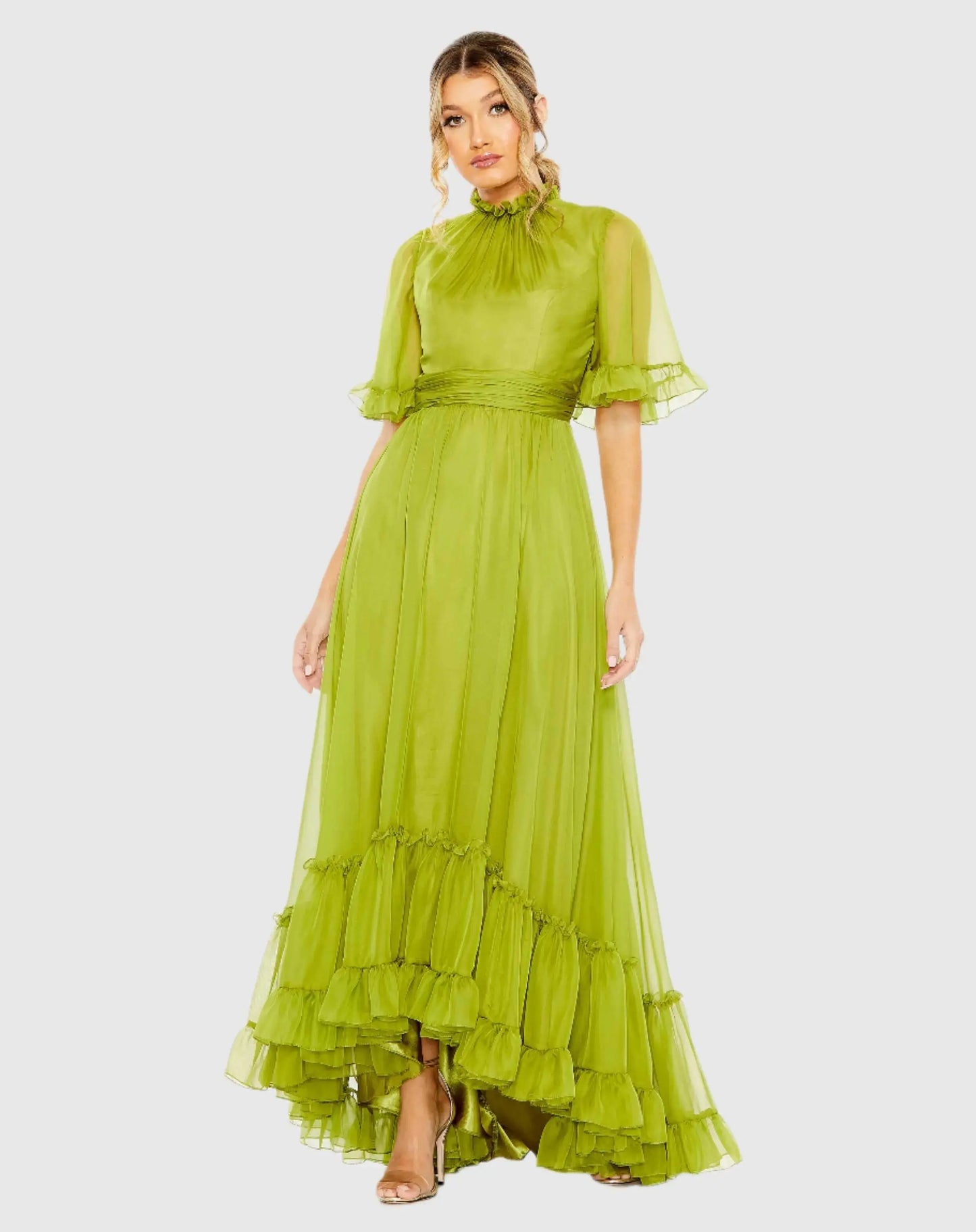 Green Ruffled Mock Neck Flutter Sleeve High Low Hem Gown - Mac Duggal