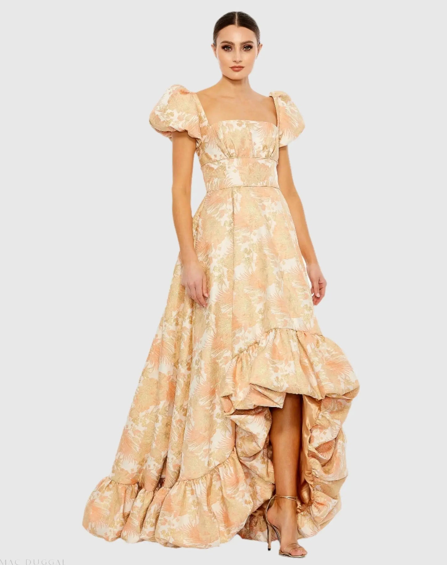 Orange Floral Print Puff Sleeve High Low Brocade Gown - Mac Duggal