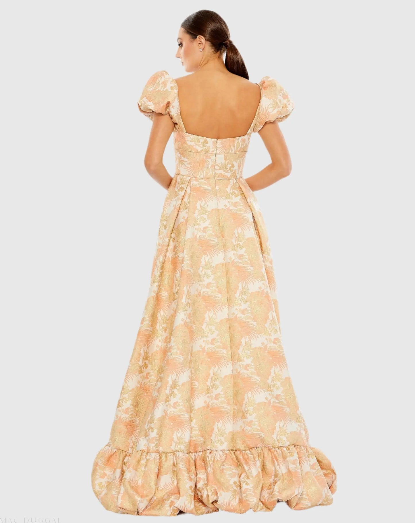 Orange Floral Print Puff Sleeve High Low Brocade Gown - Mac Duggal