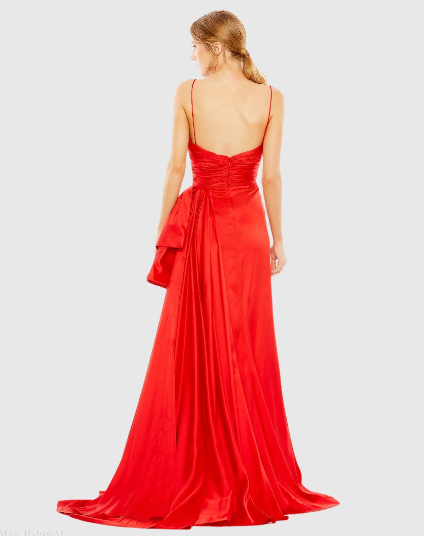 Red Spaghetti Strap Cut Out Side Bow Gown - FINAL SALE - Mac Duggal