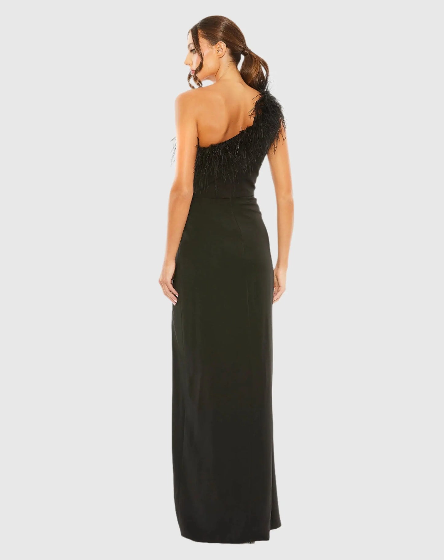 Black One Shoulder Feather Trim Gown - Mac Duggal