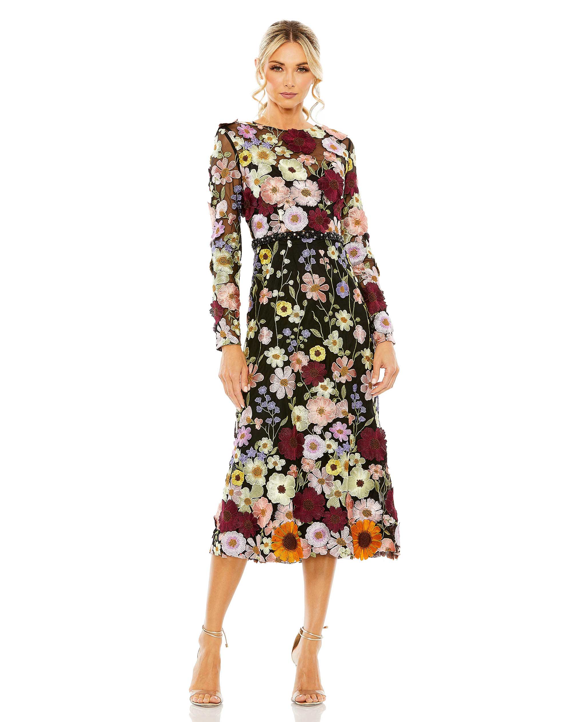 High Neck Floral Embroidered A-Line Dress