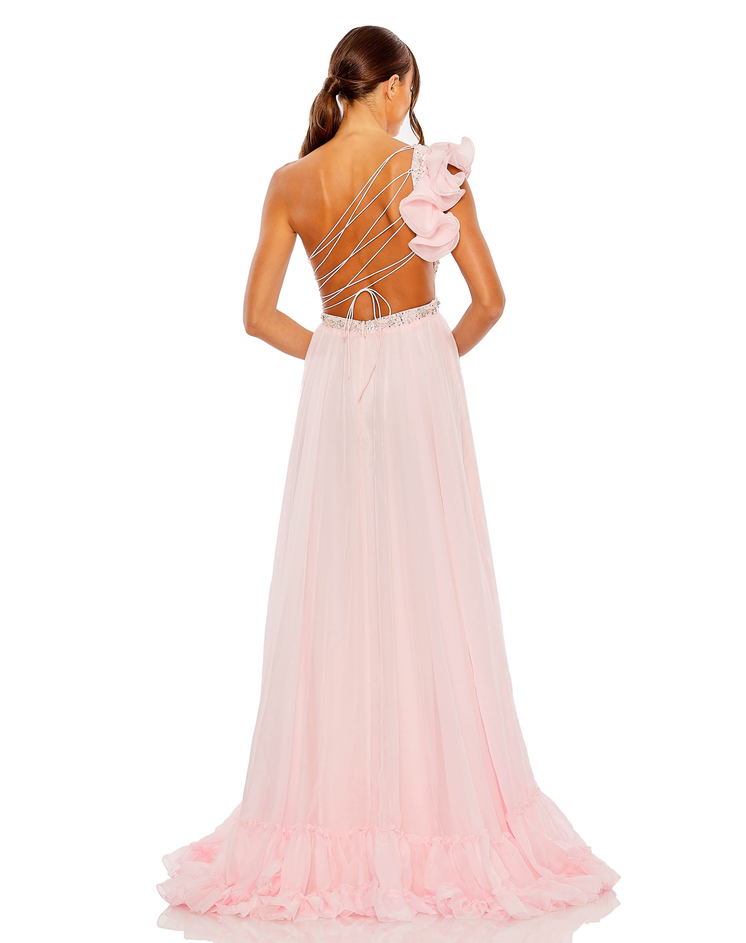 Ruffled One Shoulder Embellished Lace Up Gown