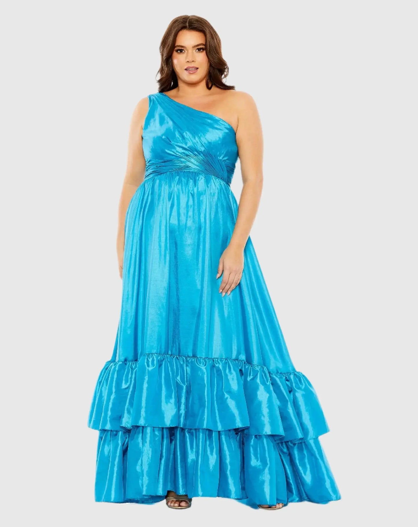 Blue One-Shoulder Tiered Ruffle Hem Evening Gown - Mac Duggal