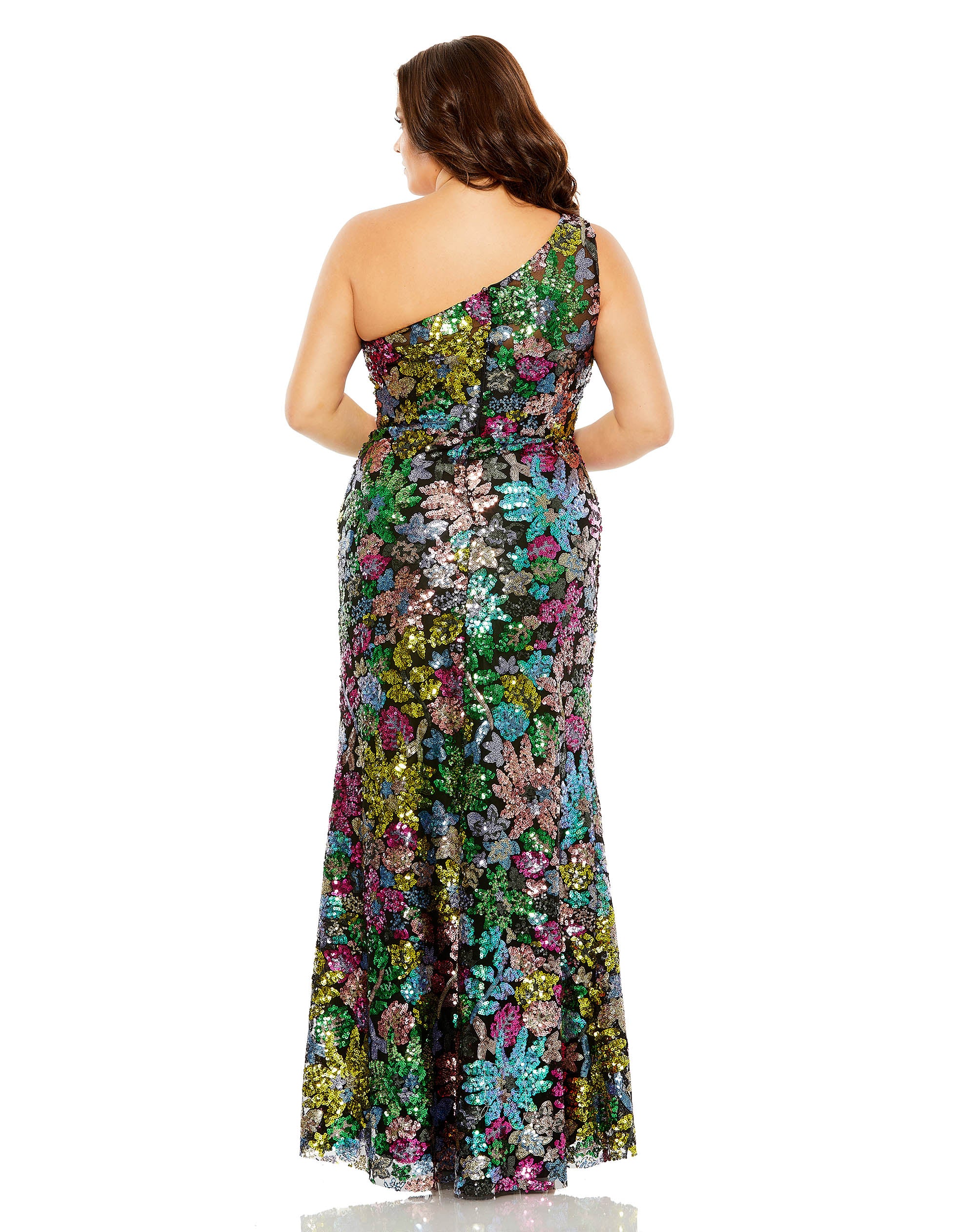 One Shoulder Floral Sequin Gown