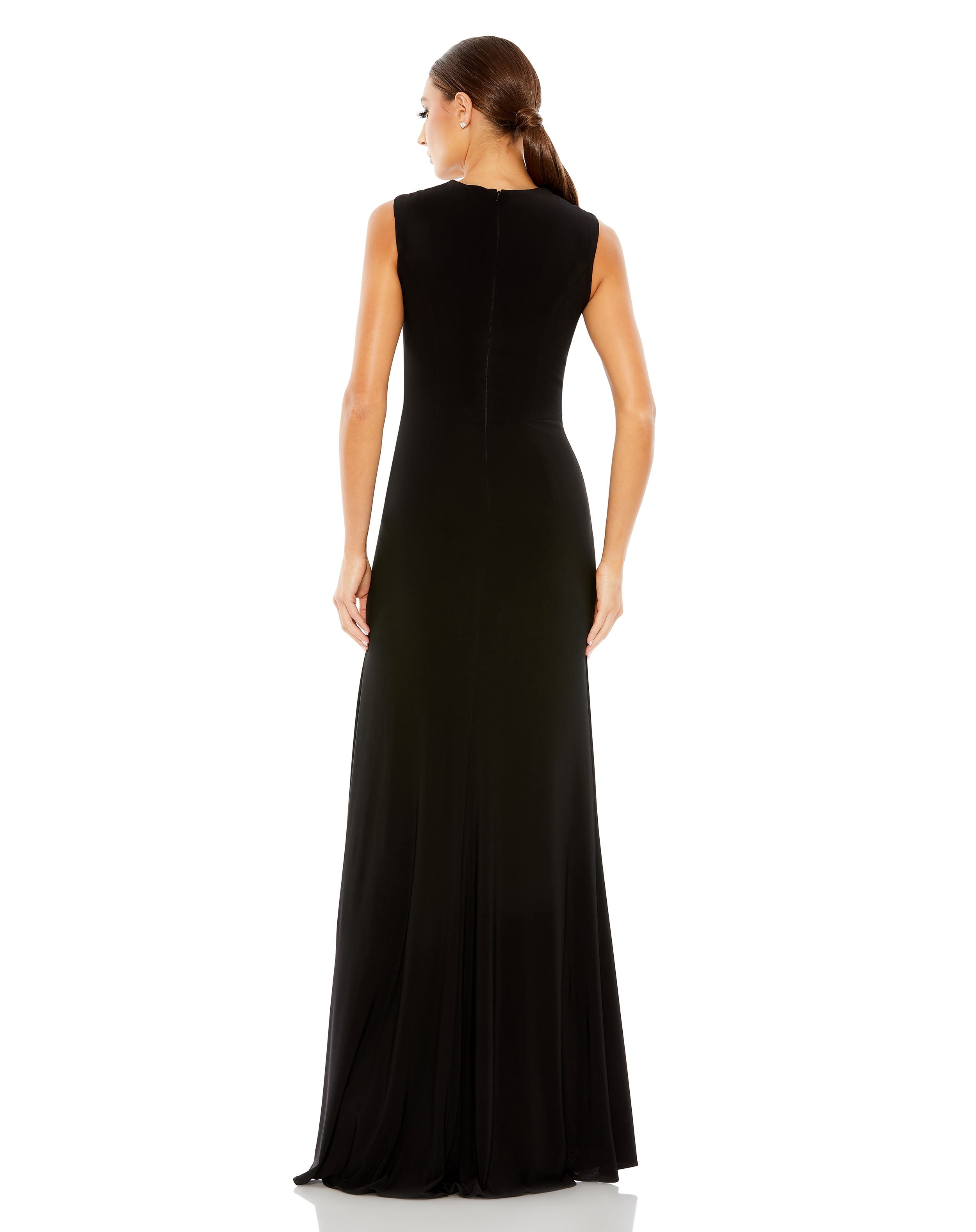 Draped Side Knot Jersey Gown w/ Rhinestone Ring